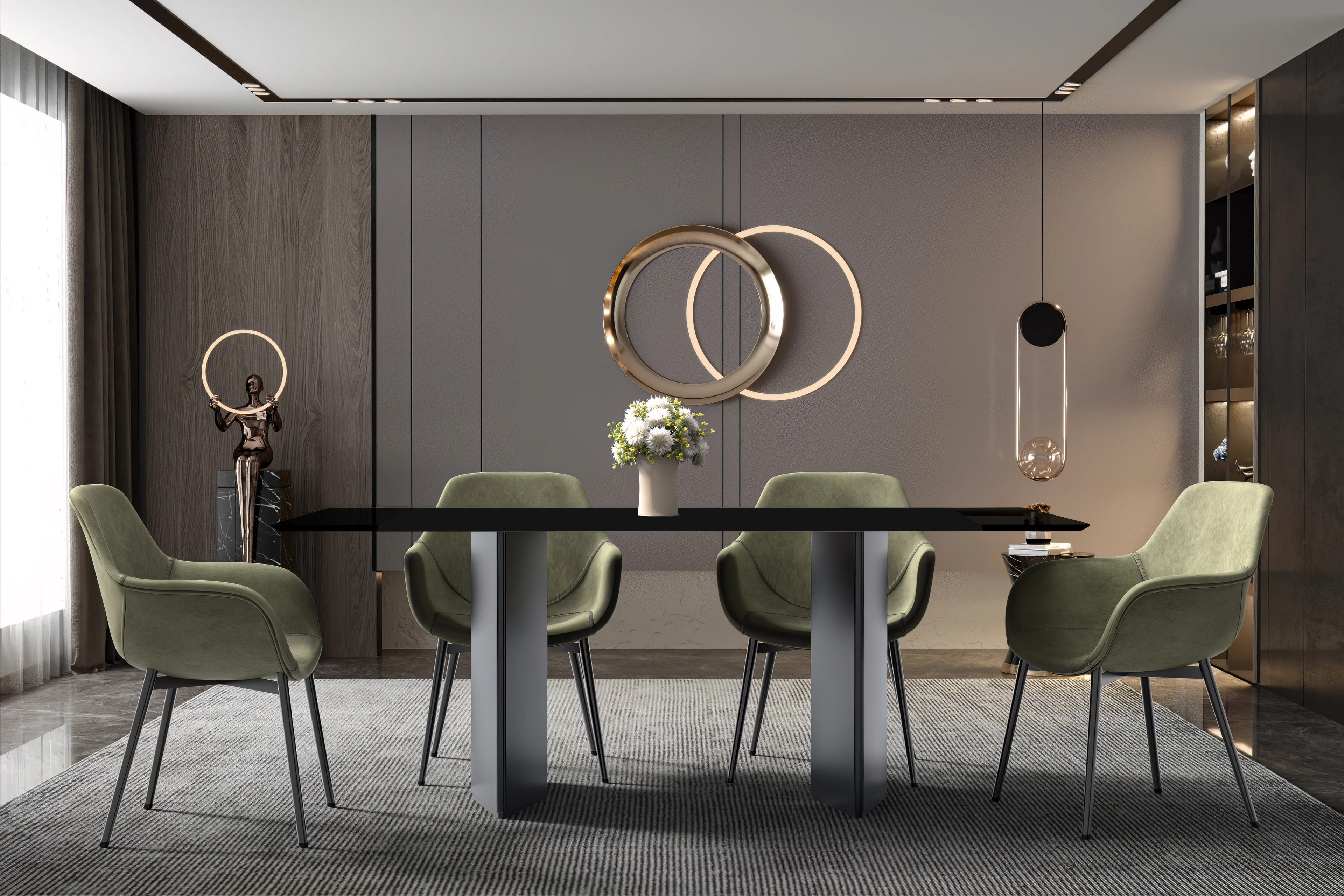 Lior Series Modern Dining Table Black Steel Base, With 55 Black Glass Top