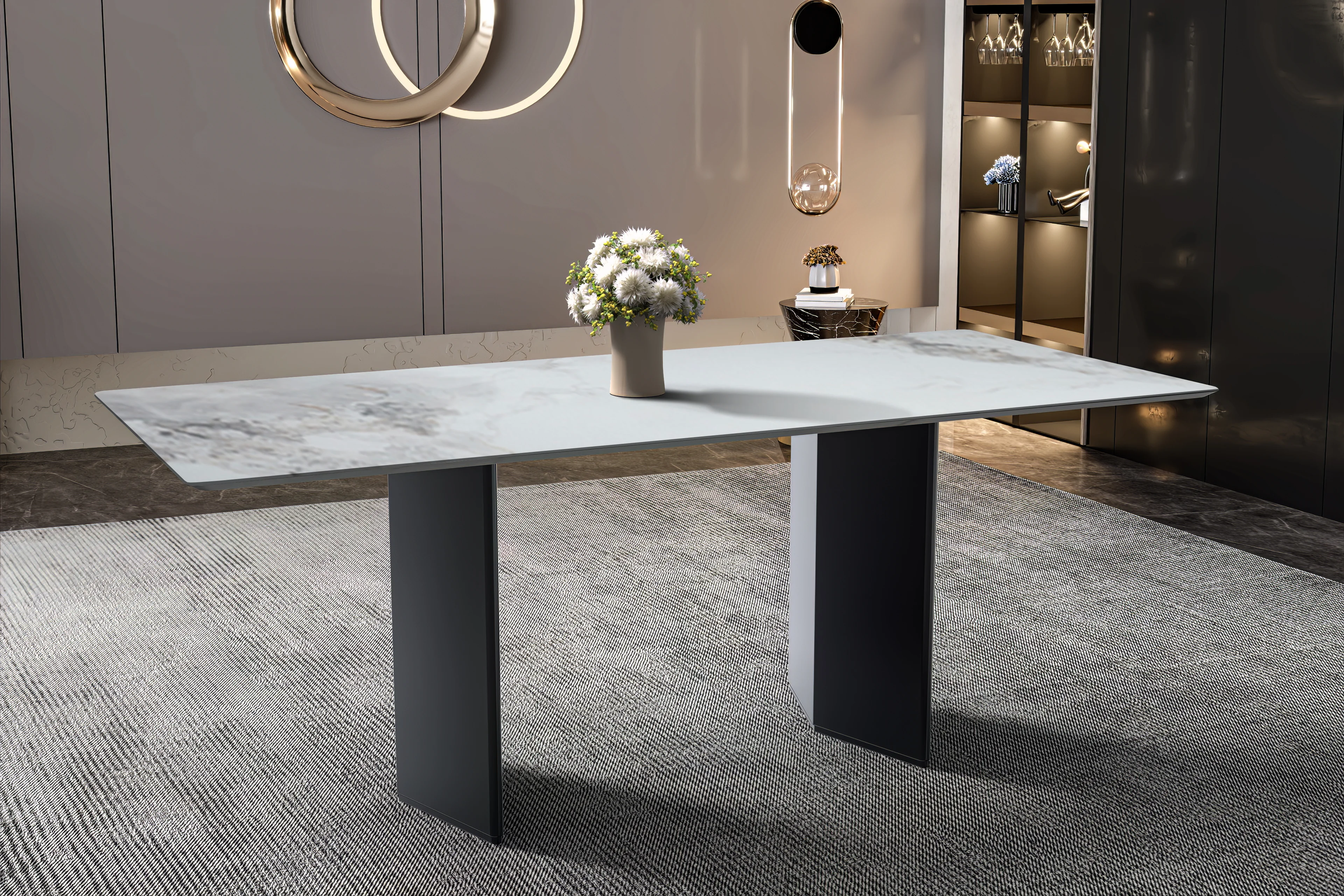 Lior Series Modern Dining Table Black Base, With 55 Medium Grey Sintered Stone Top