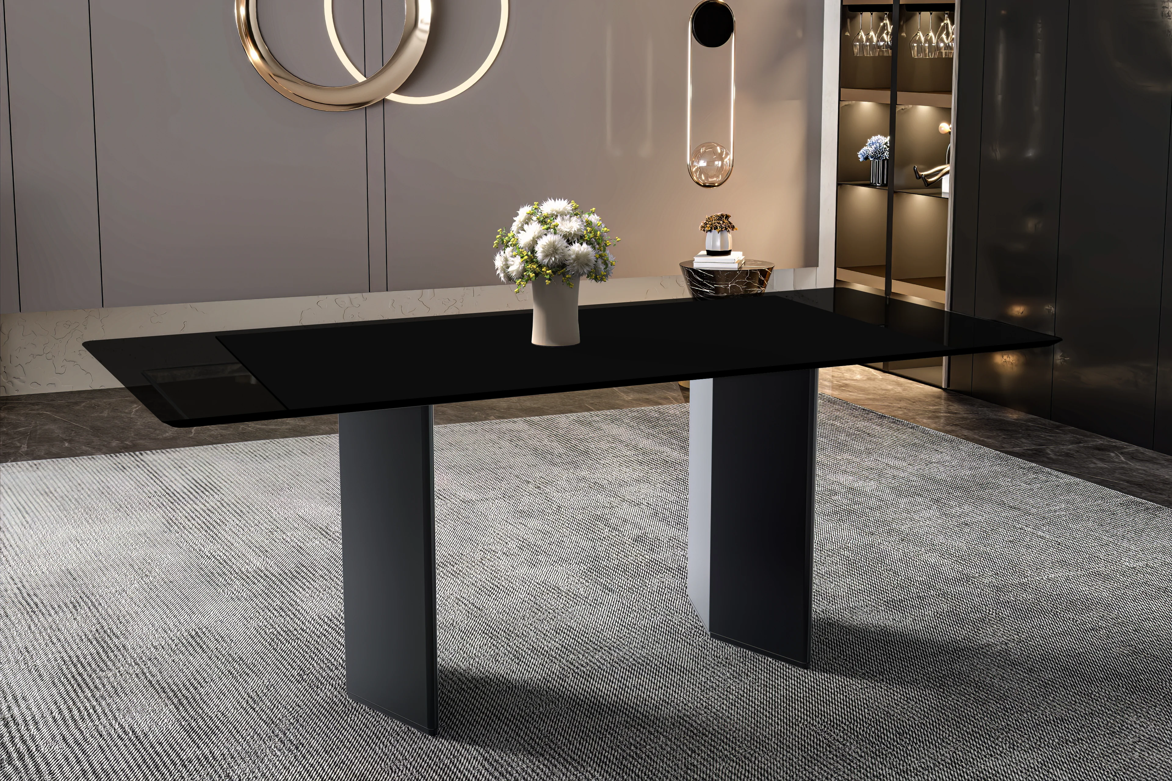 Lior Series Modern Dining Table Black Steel Base, With 62 Black Glass Top