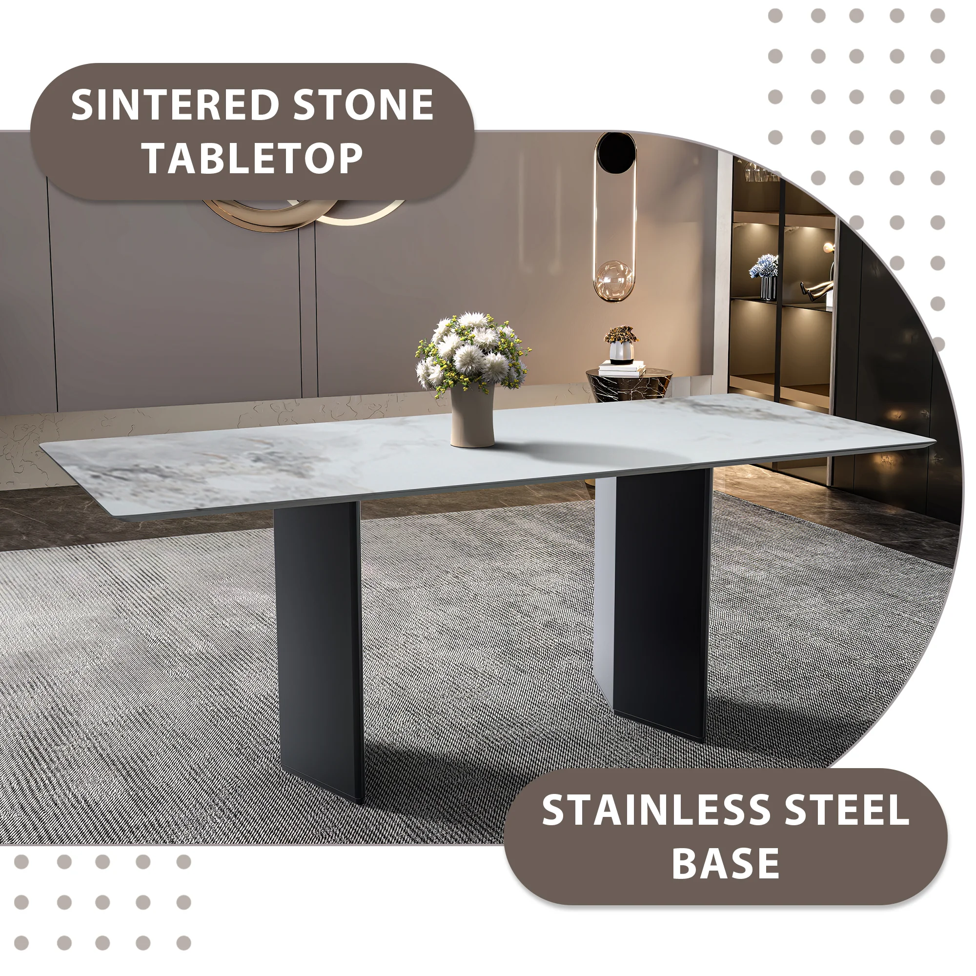 Lior Series Modern Dining Table Black Base, With 62 Medium Grey Sintered Stone Top