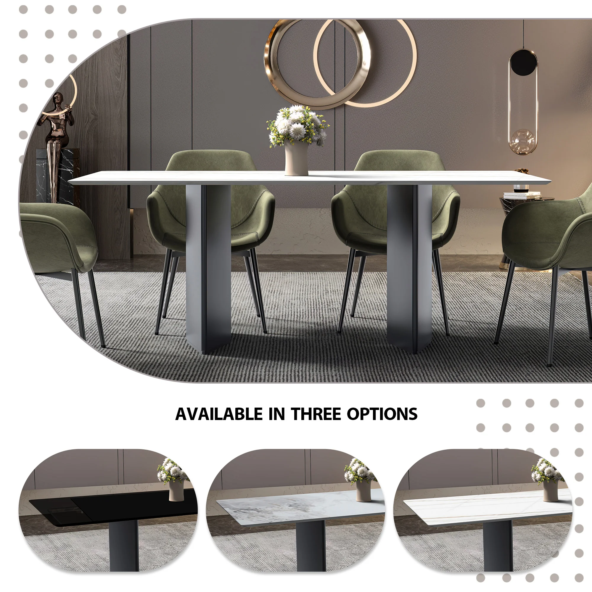 Lior Series Modern Dining Table Black Base, With 62 White/Gold Sintered Stone Top