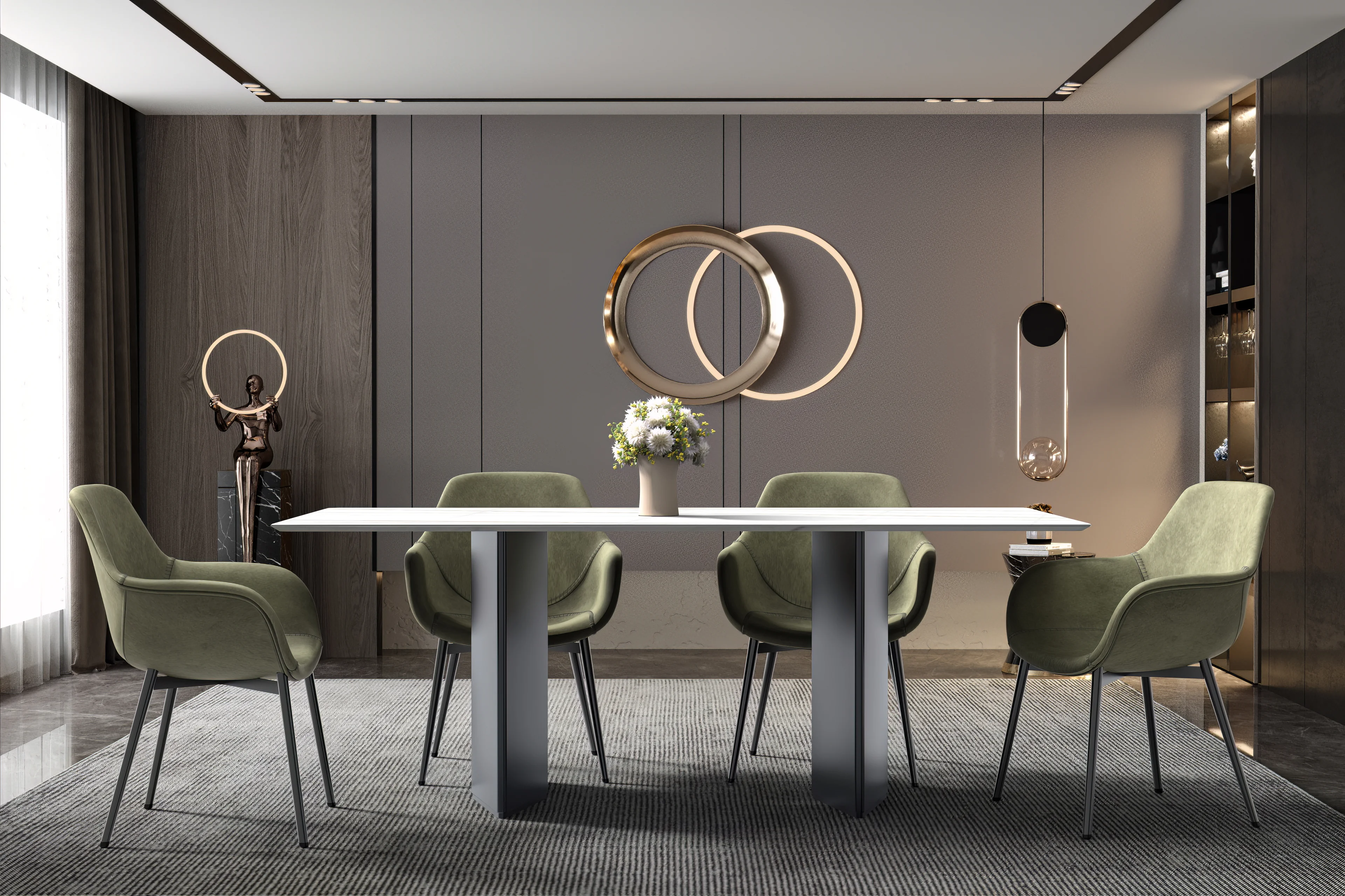 Lior Series Modern Dining Table Black Base, With 62 White/Gold Sintered Stone Top