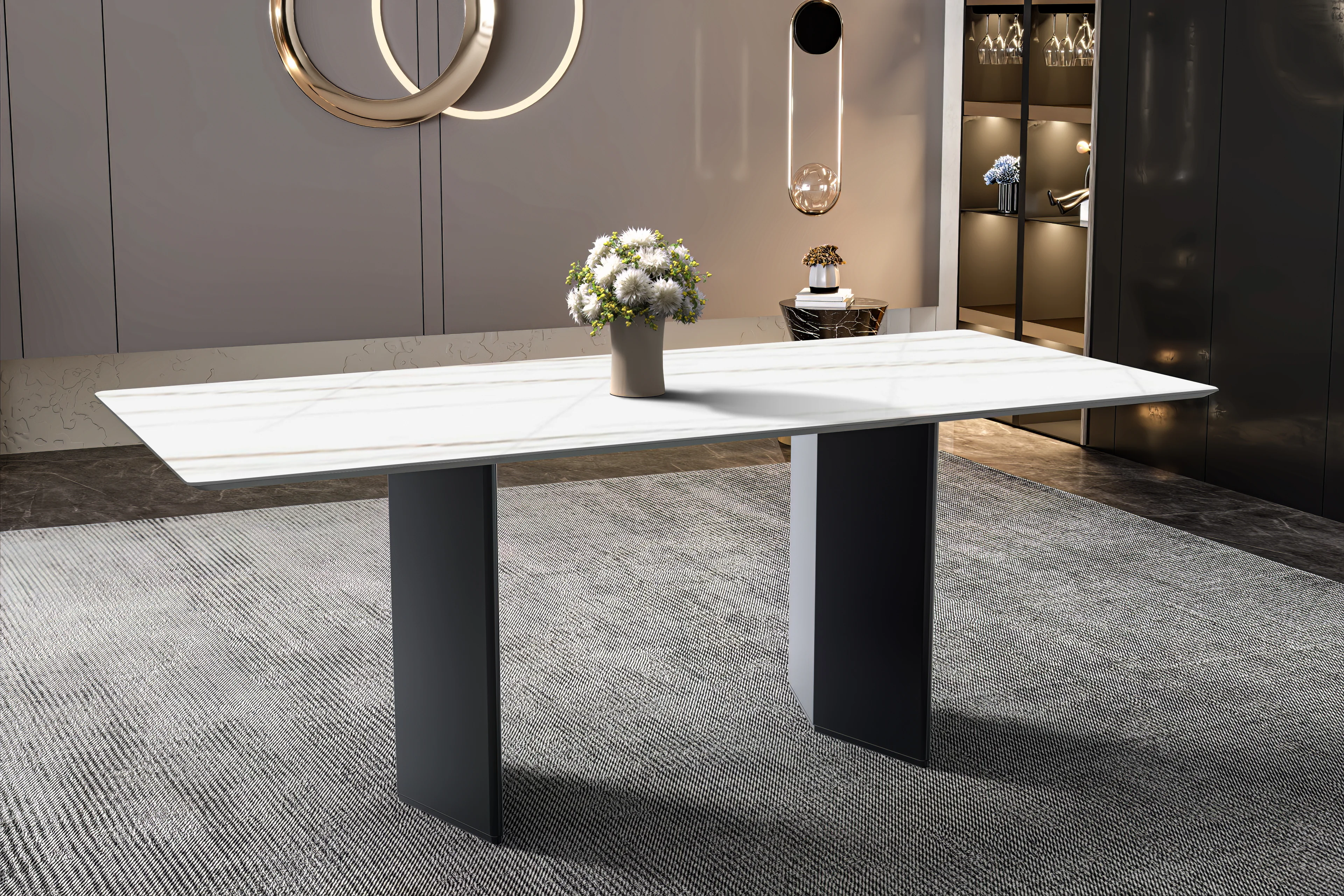 Lior Series Modern Dining Table Black Base, With 62 White/Gold Sintered Stone Top