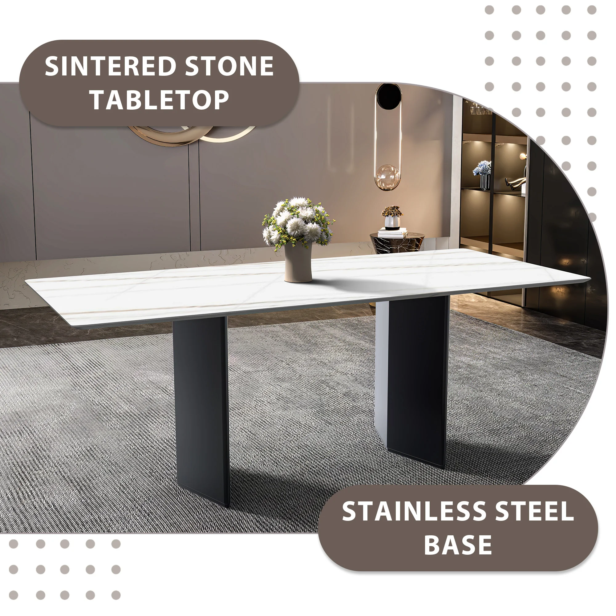 Lior Series Modern Dining Table Black Base, With 62 White/Gold Sintered Stone Top