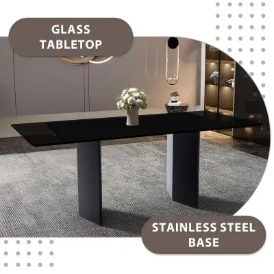 Lior Series Modern Dining Table Black Steel Base, With 71 Black Glass Top