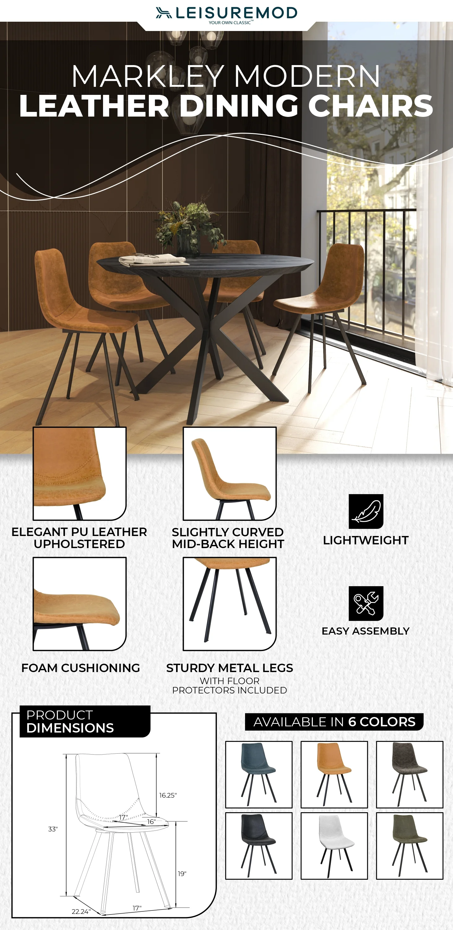 Markley Modern Leather Dining Chair With Metal Legs