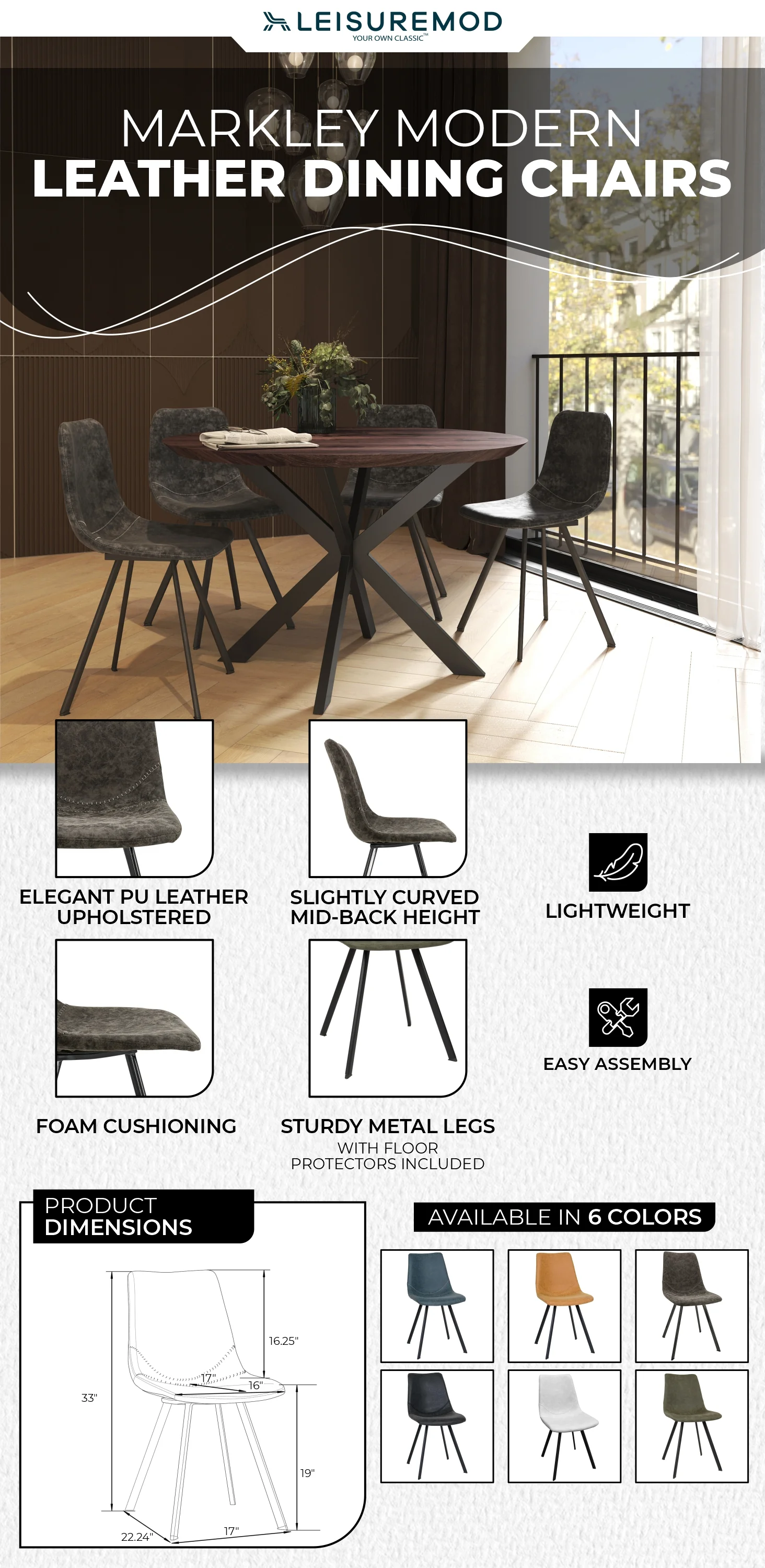 Markley Modern Leather Dining Chair With Metal Legs