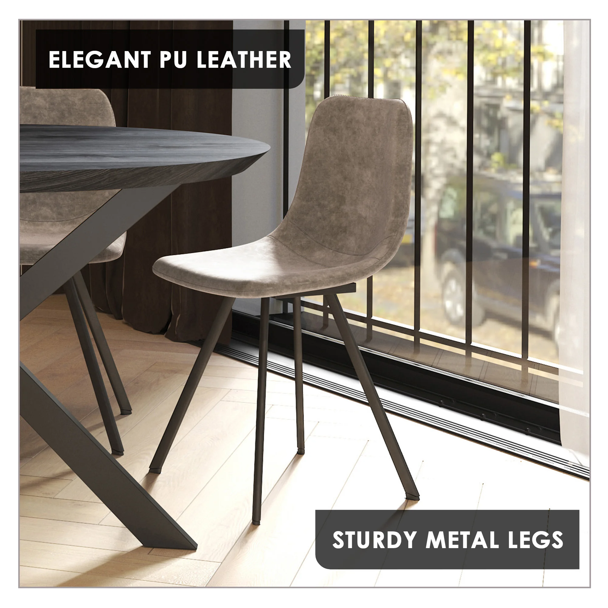 Markly Modern Leather Dining Chair With Metal Legs in Taupe Set of 2