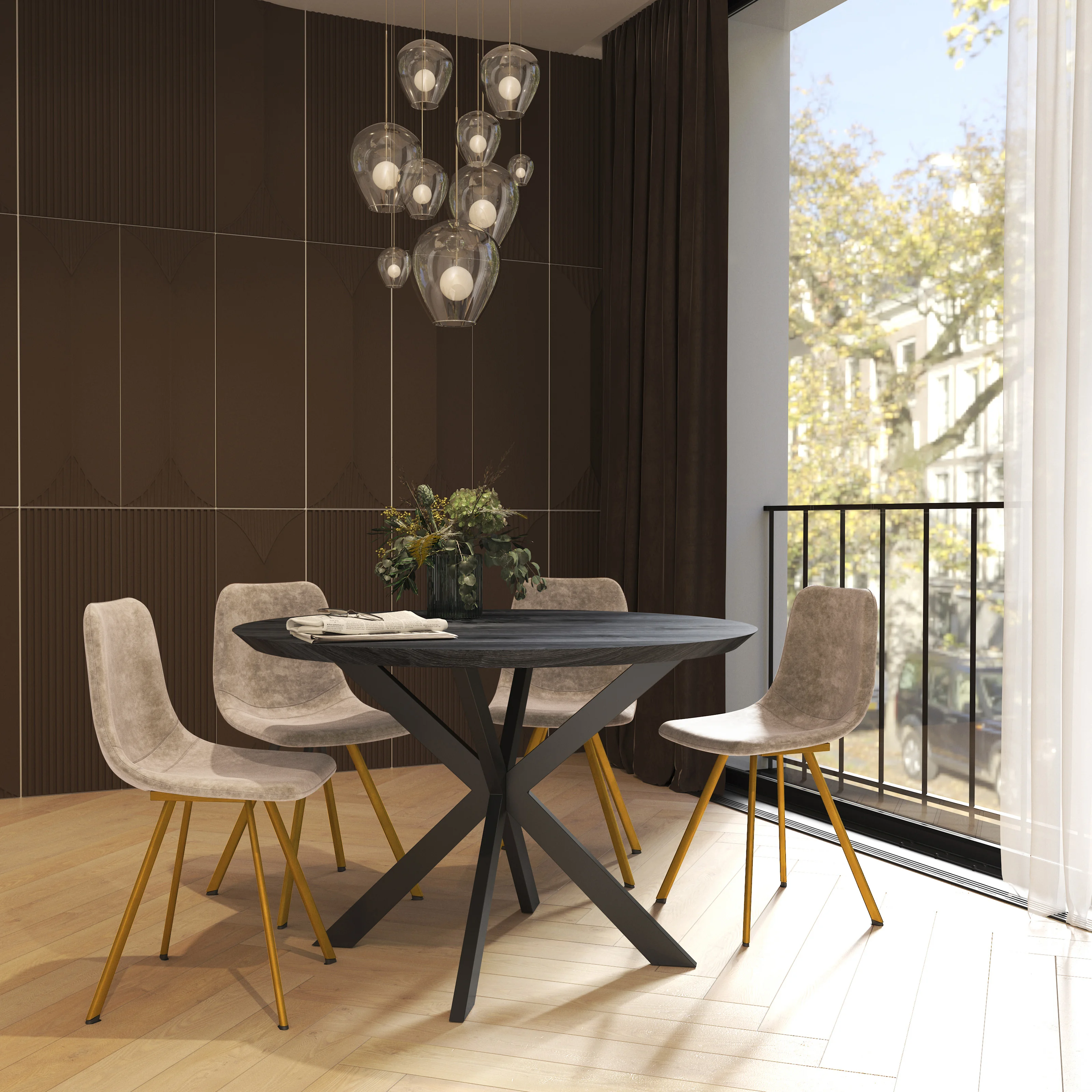 Markley Modern Leather Dining Chair With Gold Legs in Taupe