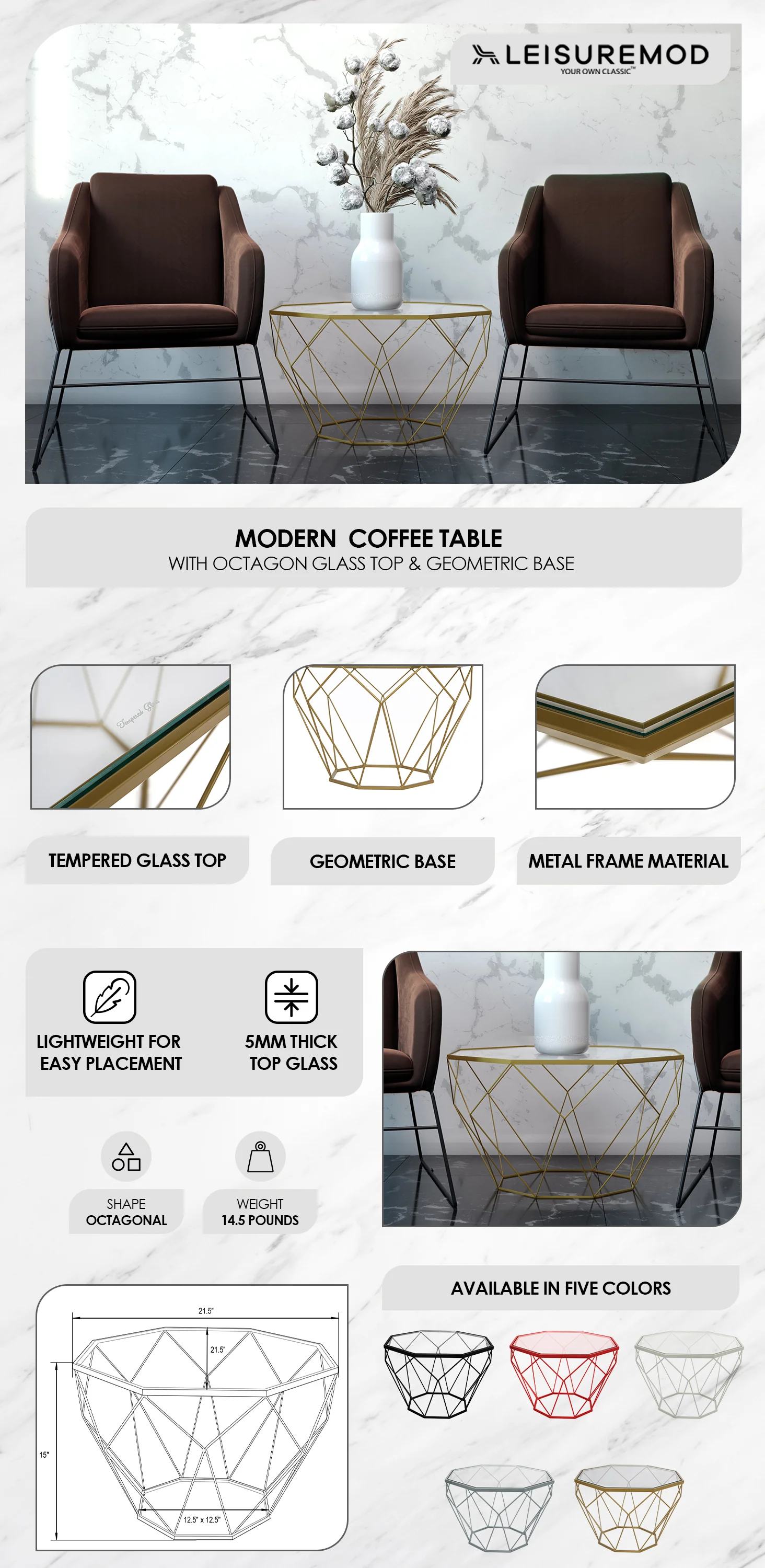 Malibu Modern Octagon Glass Top Coffee Table With Chrome Base