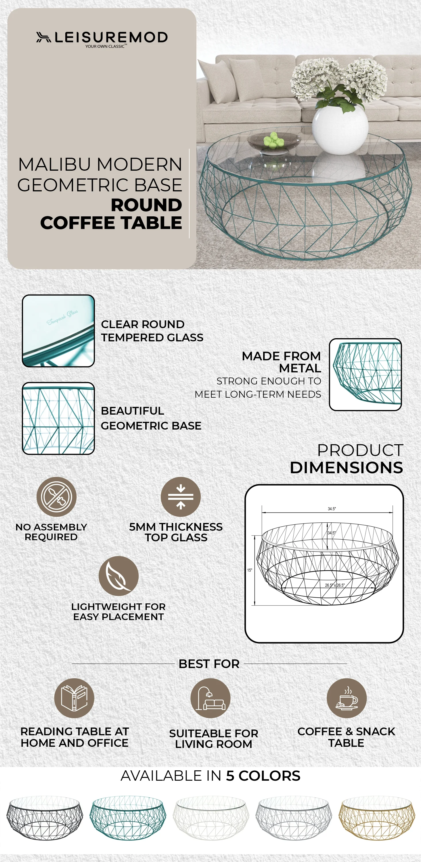 Malibu Modern Round Glass Top Coffee Table With Metal Base