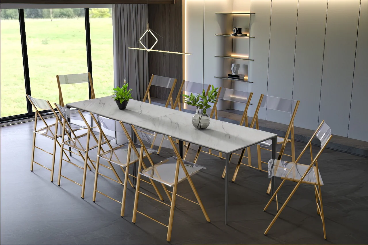 Menno Mid-Century Modern Acrylic Folding Chair in Brushed Finish with Stainless Steel Frame for Kitchen and Dining Room