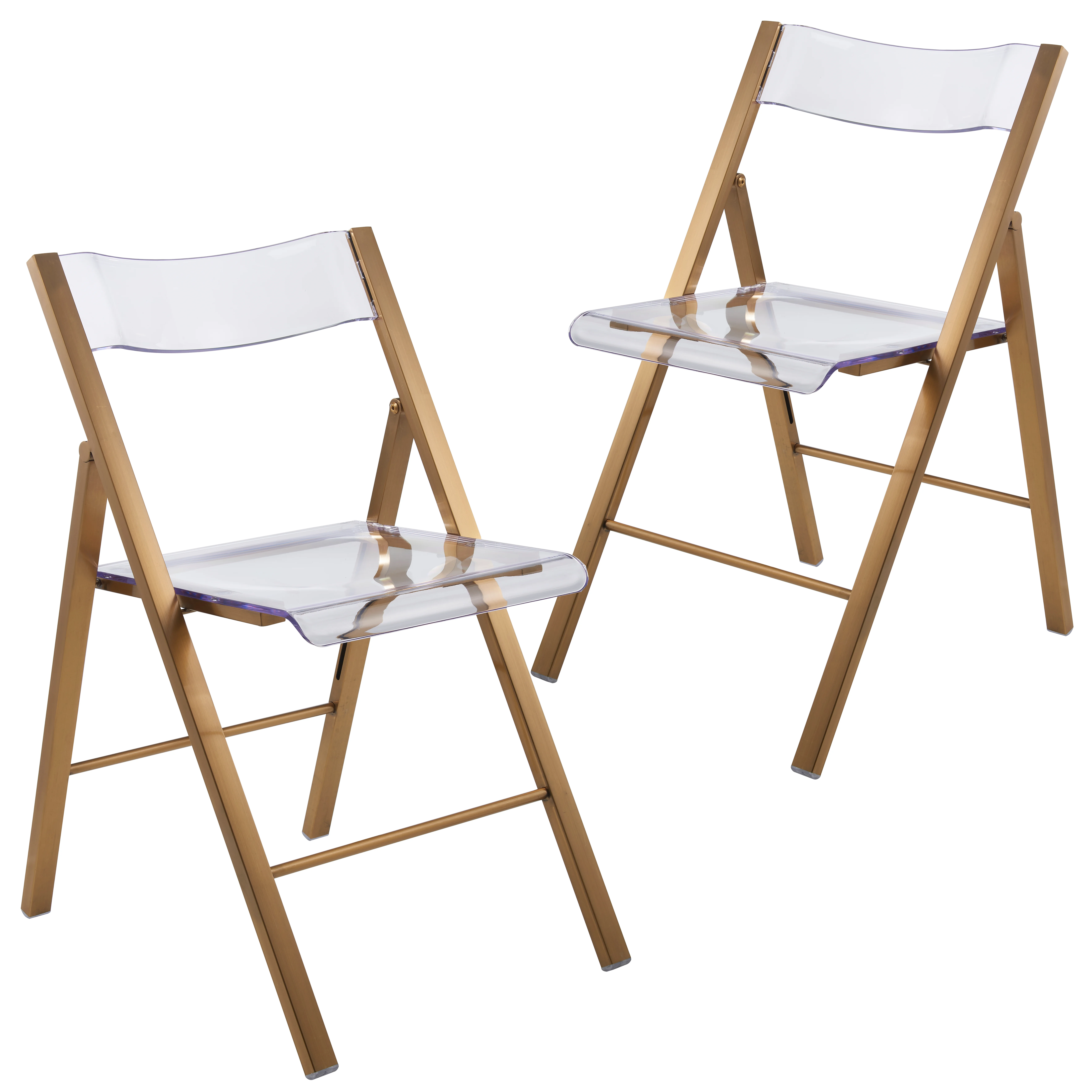 Menno Mid-Century Modern Acrylic Folding Chair in Brushed Gold Finish with Stainless Steel Frame for Kitchen and Dining Room Set of 2