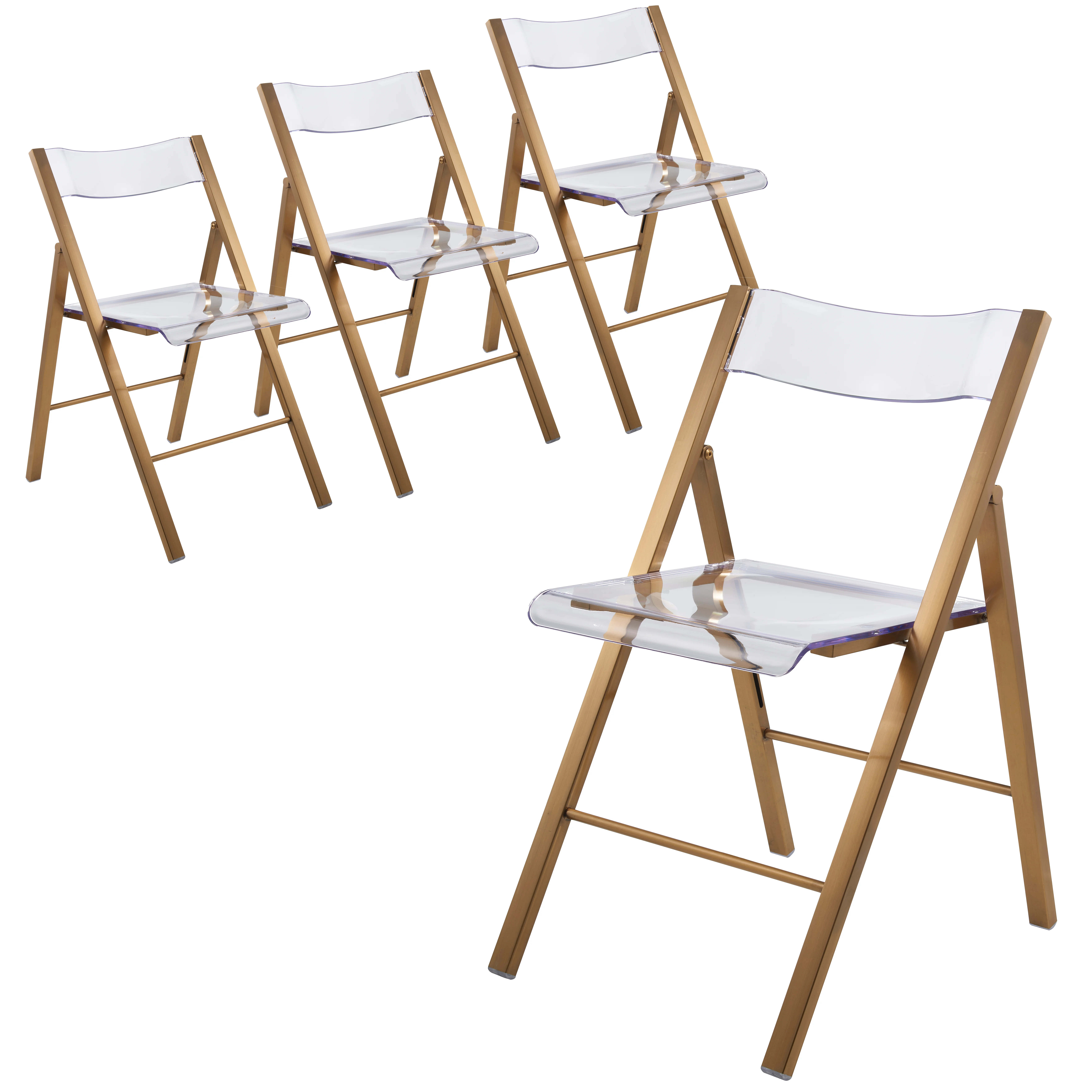 Menno Mid-Century Modern Acrylic Folding Chair in Brushed Gold Finish with Stainless Steel Frame for Kitchen and Dining Room Set of 4