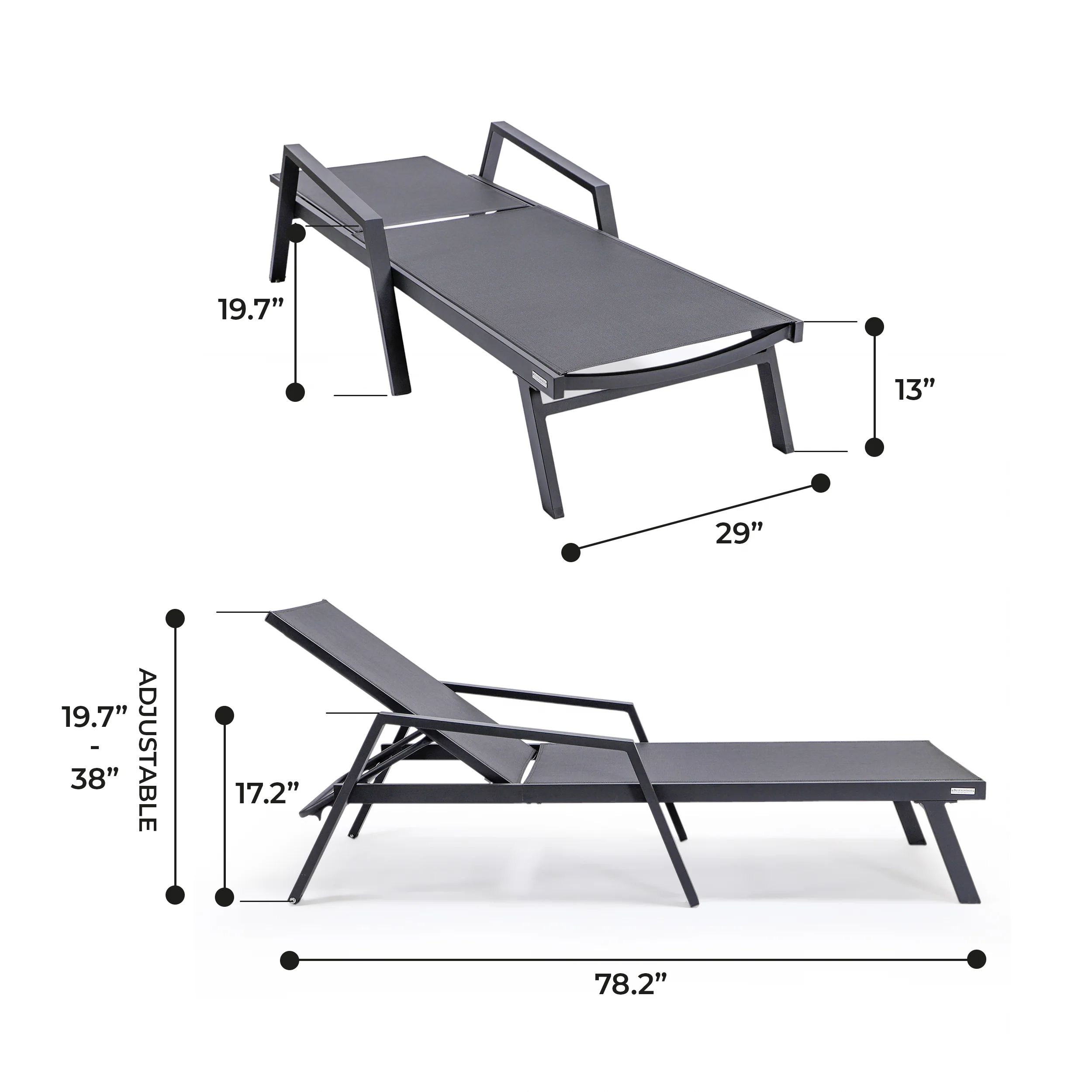 Marlin Patio Chaise Lounge Chair With Armrests in Black Aluminum Frame, Set of 2 in Black