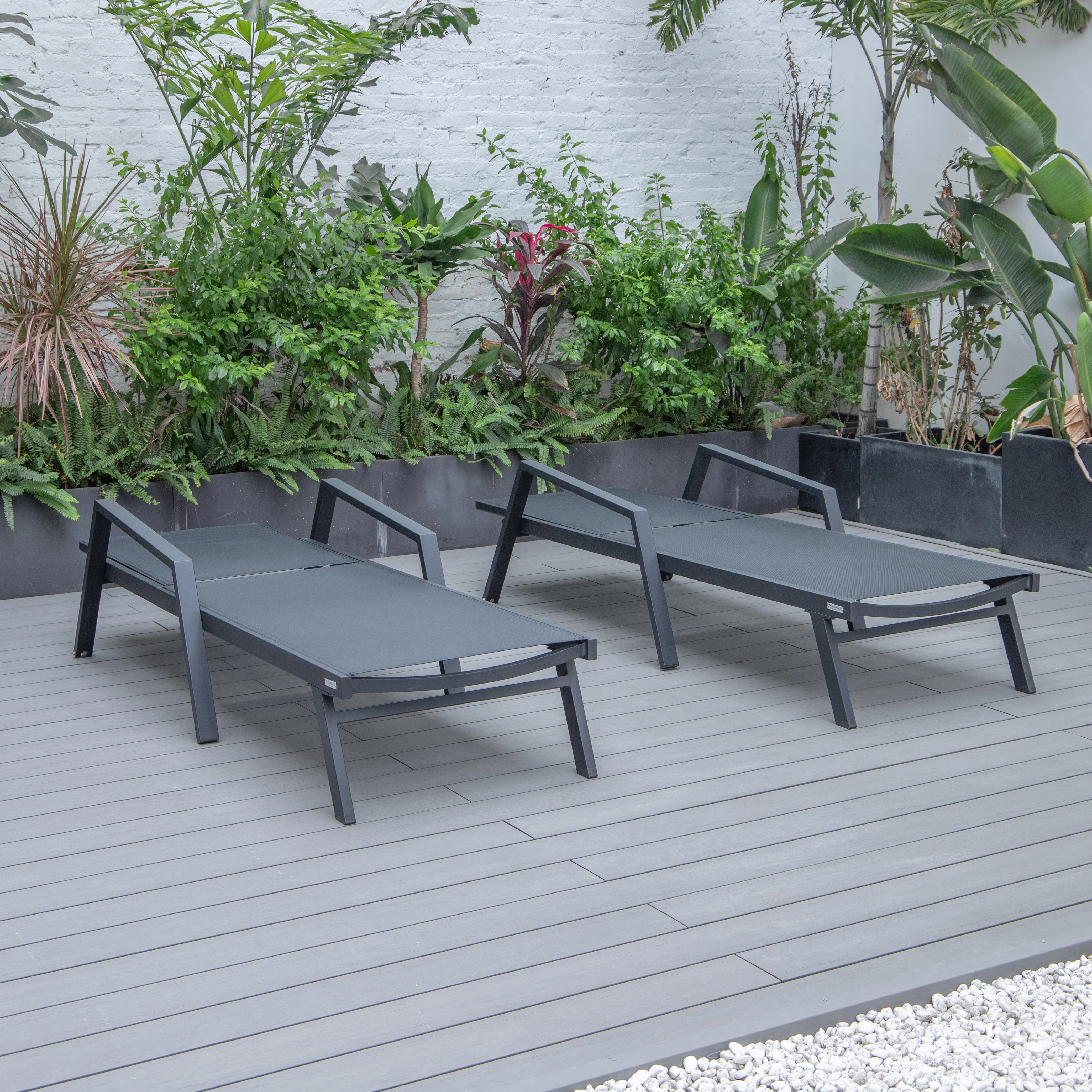 Marlin Patio Chaise Lounge Chair With Armrests in Black Aluminum Frame, Set of 2 in Black