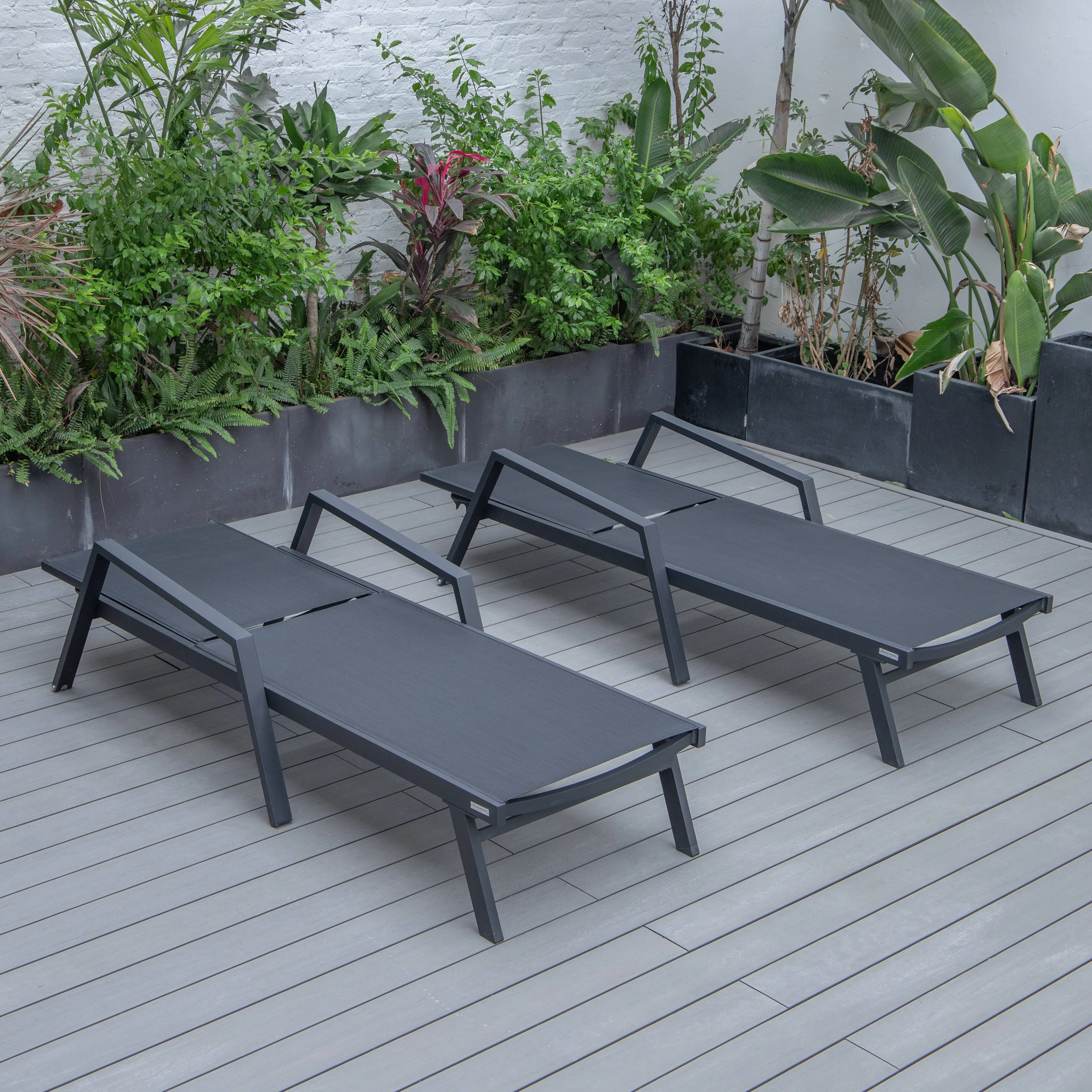 Marlin Patio Chaise Lounge Chair With Armrests in Black Aluminum Frame, Set of 2 in Black