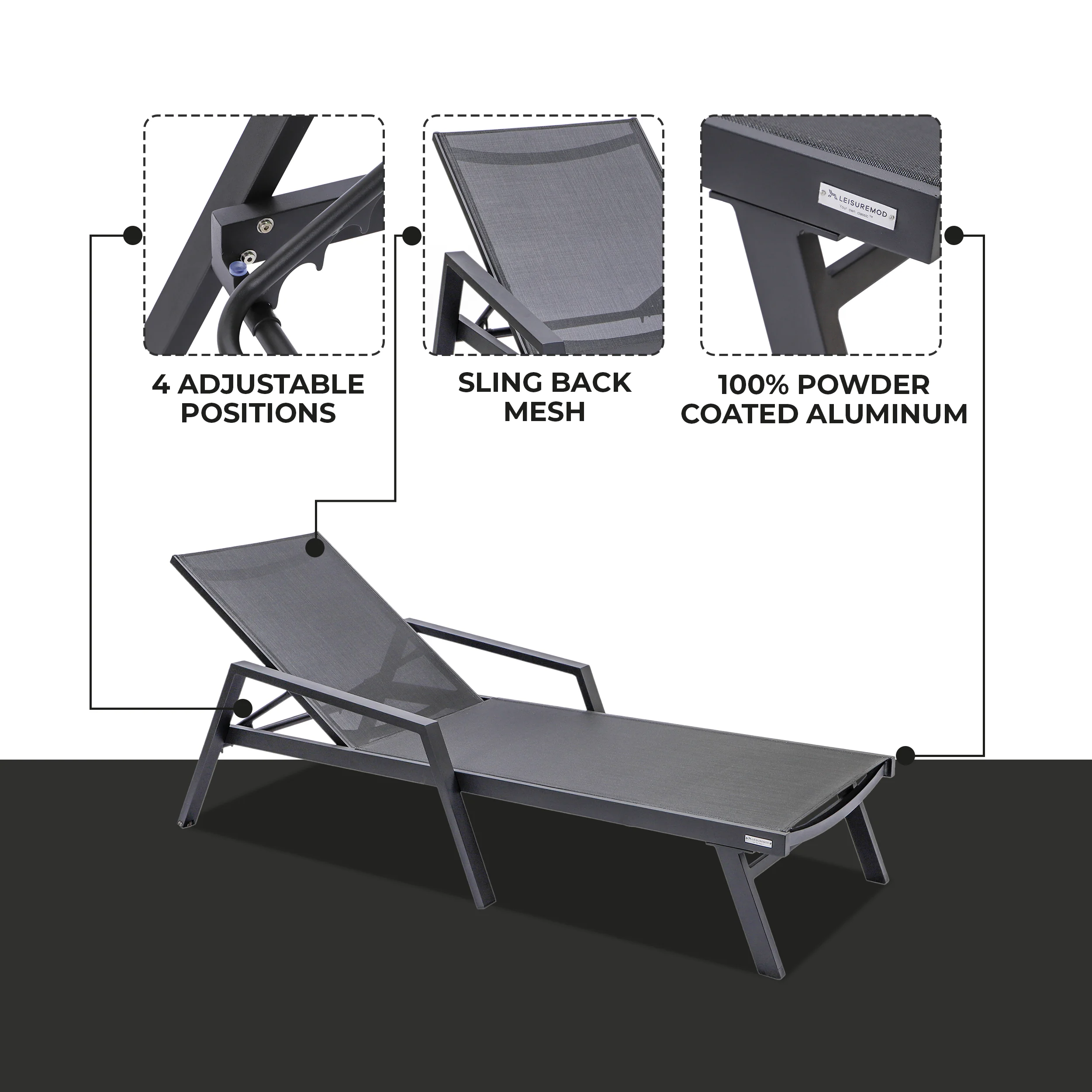 Marlin Patio Chaise Lounge Chair With Armrests in Black Aluminum Frame, Set of 2 in Black