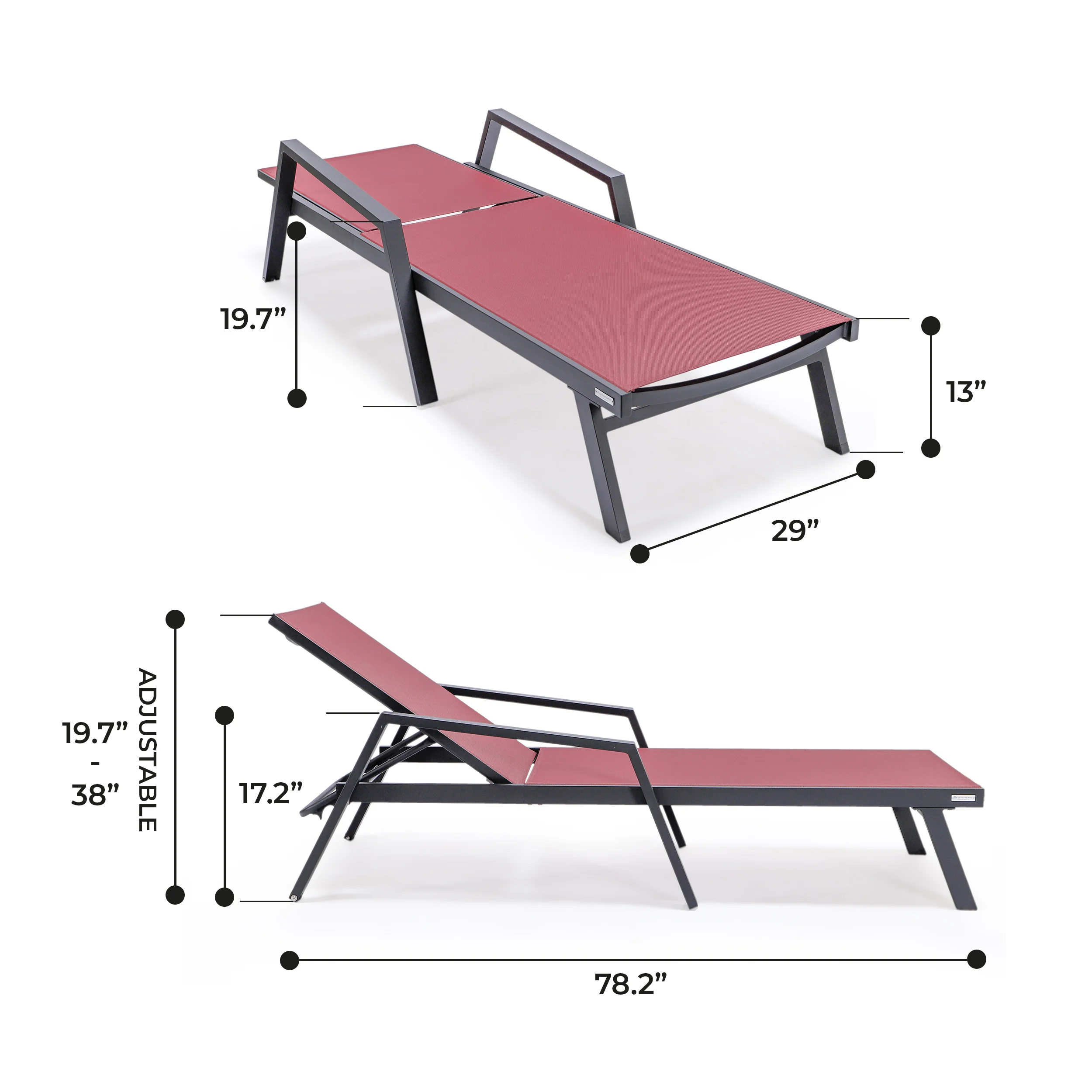 Marlin Patio Chaise Lounge Chair With Armrests in Black Aluminum Frame