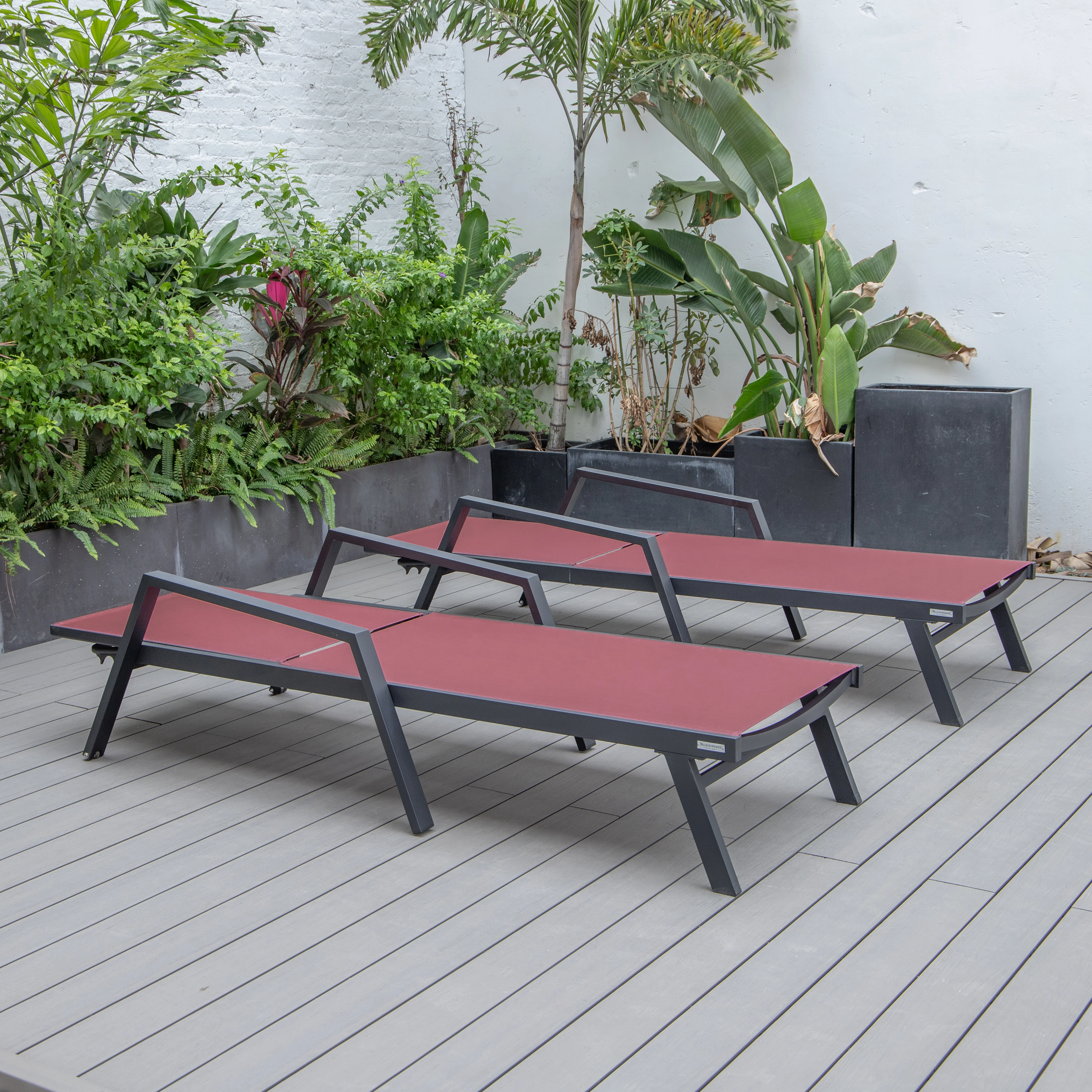 Marlin Patio Chaise Lounge Chair With Armrests in Black Aluminum Frame, Set of 2 in Burgundy