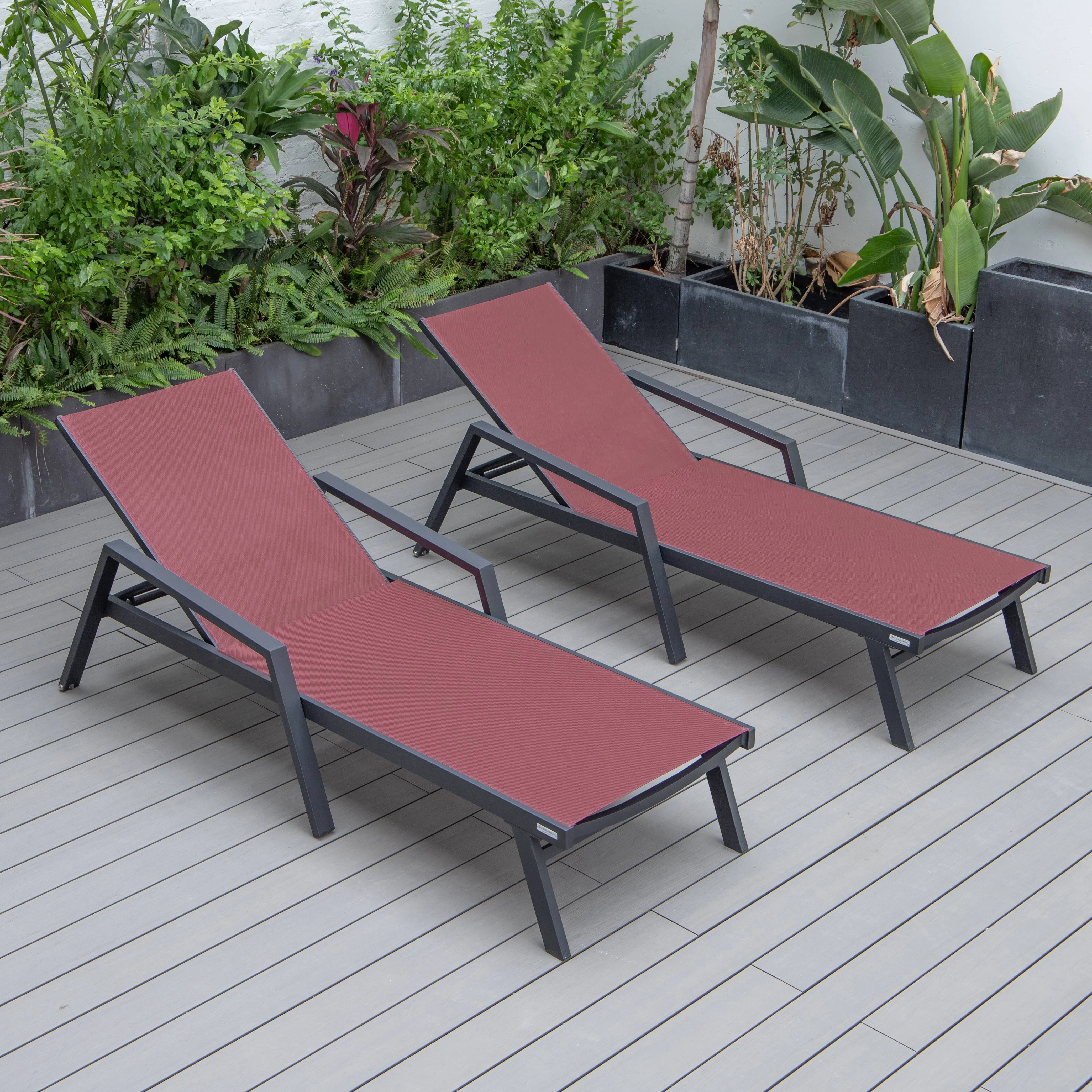 Marlin Patio Chaise Lounge Chair With Armrests in Black Aluminum Frame, Set of 2 in Burgundy