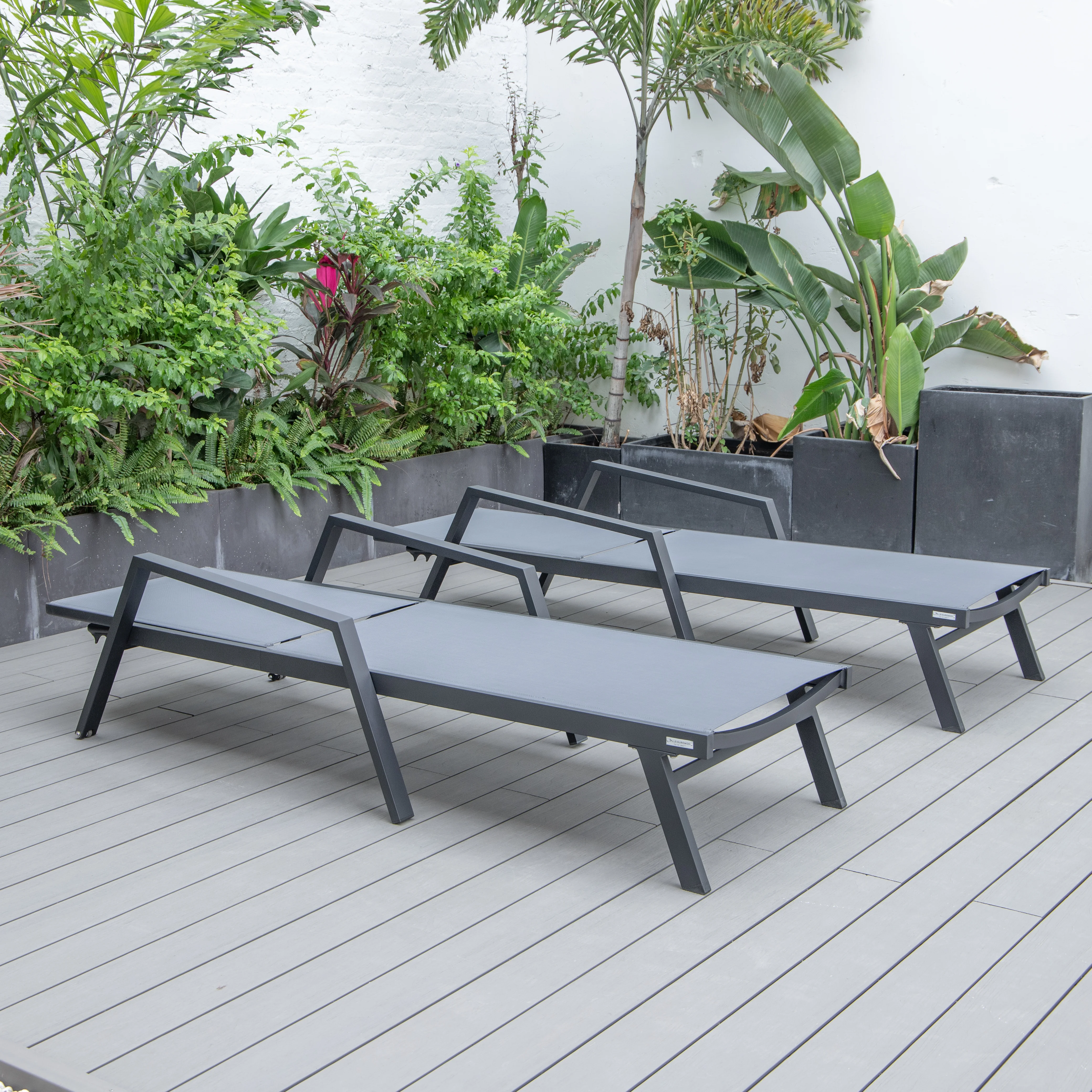 Marlin Patio Chaise Lounge Chair With Armrests in Black Aluminum Frame, Set of 2 in Dark Grey