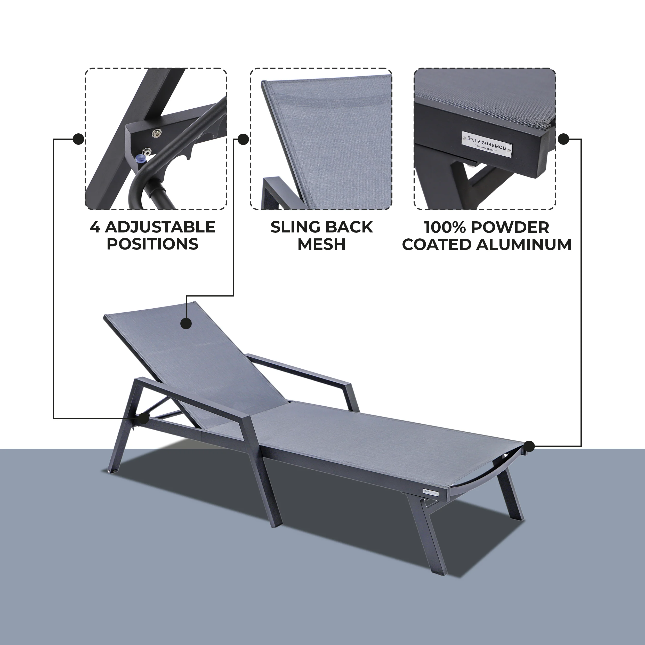 Marlin Patio Chaise Lounge Chair With Armrests in Black Aluminum Frame, Set of 2 in Dark Grey