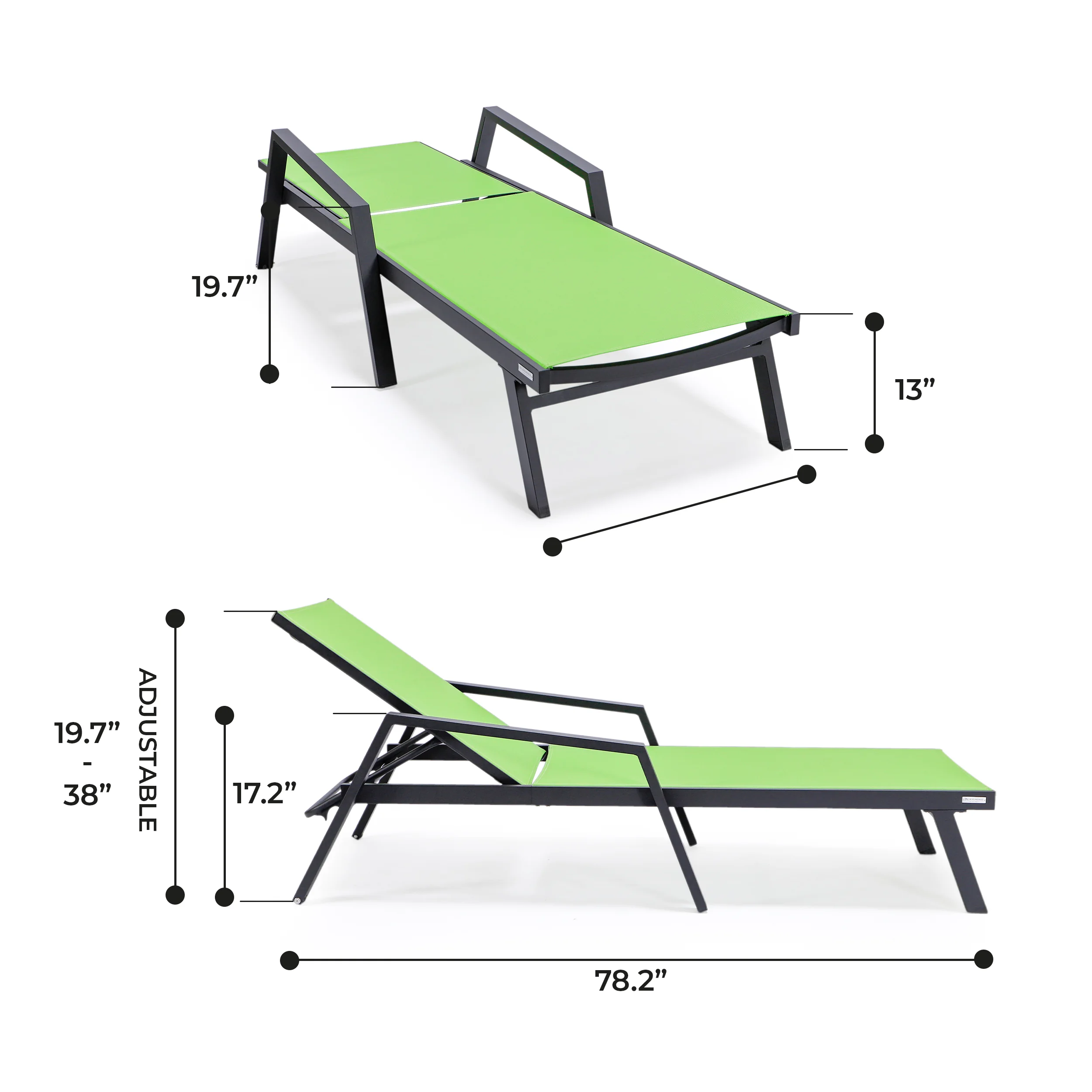 Marlin Patio Chaise Lounge Chair With Armrests in Black Aluminum Frame