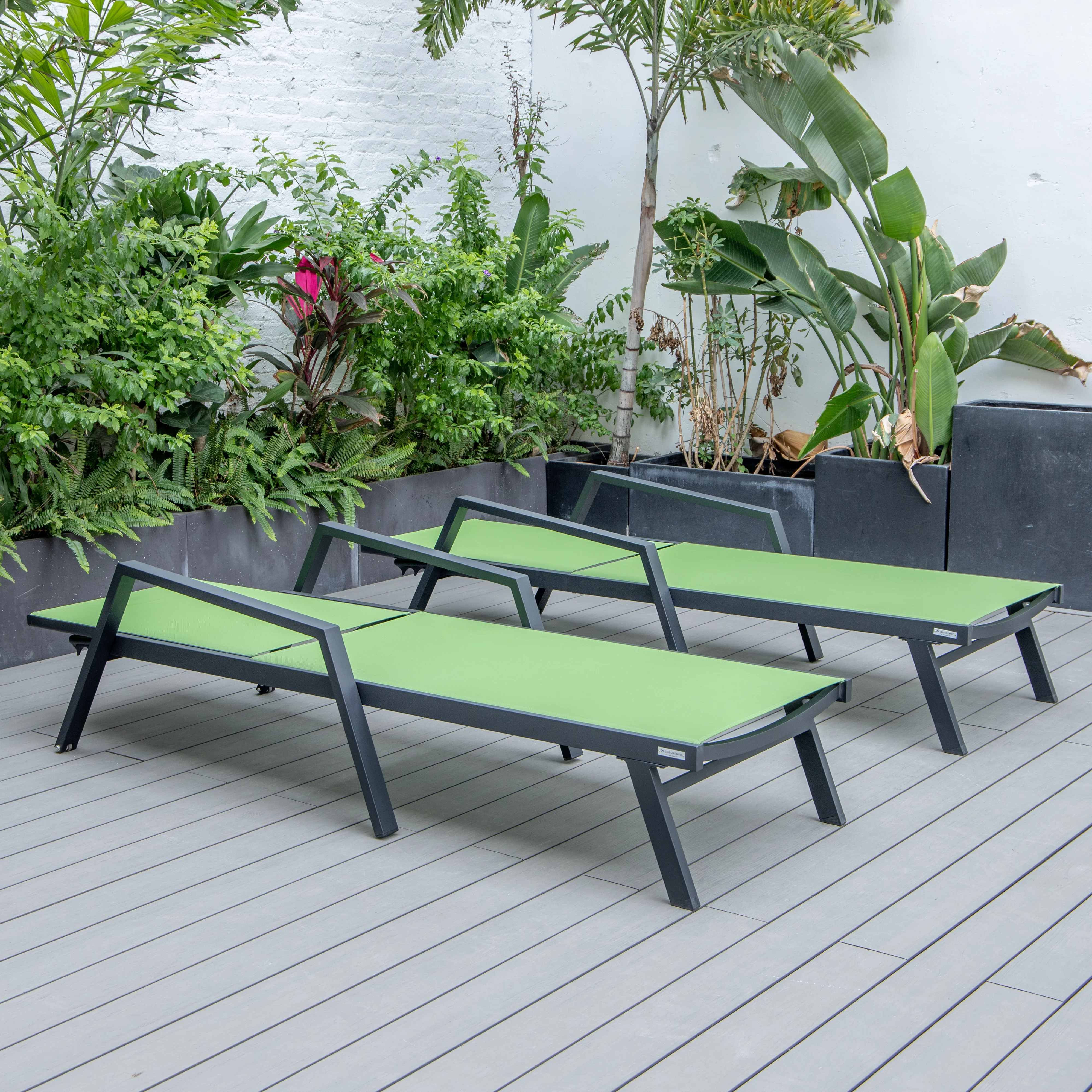 Marlin Patio Chaise Lounge Chair With Armrests in Black Aluminum Frame, Set of 2 in Green