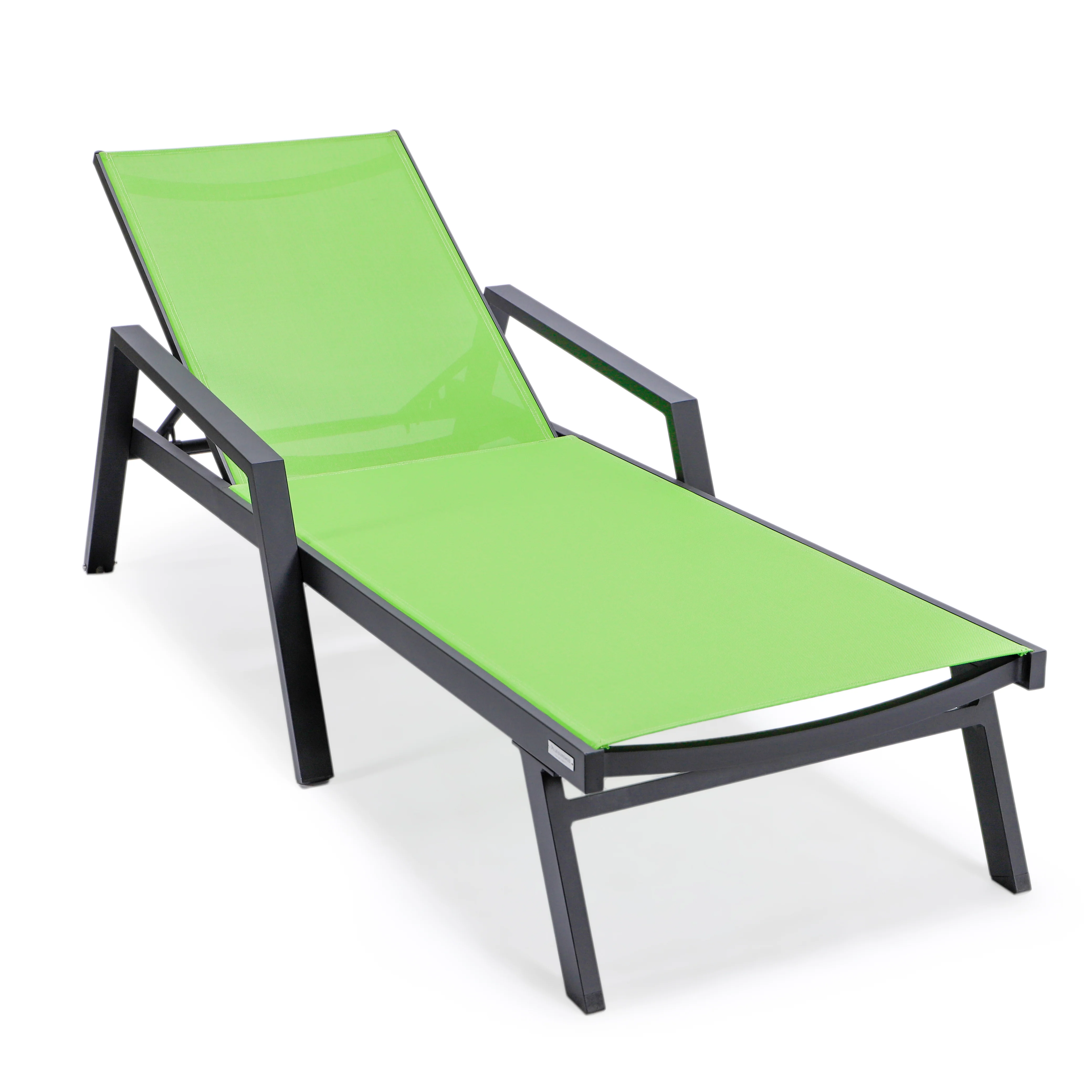 Marlin Patio Chaise Lounge Chair With Armrests in Black Aluminum Frame, Set of 2 in Green