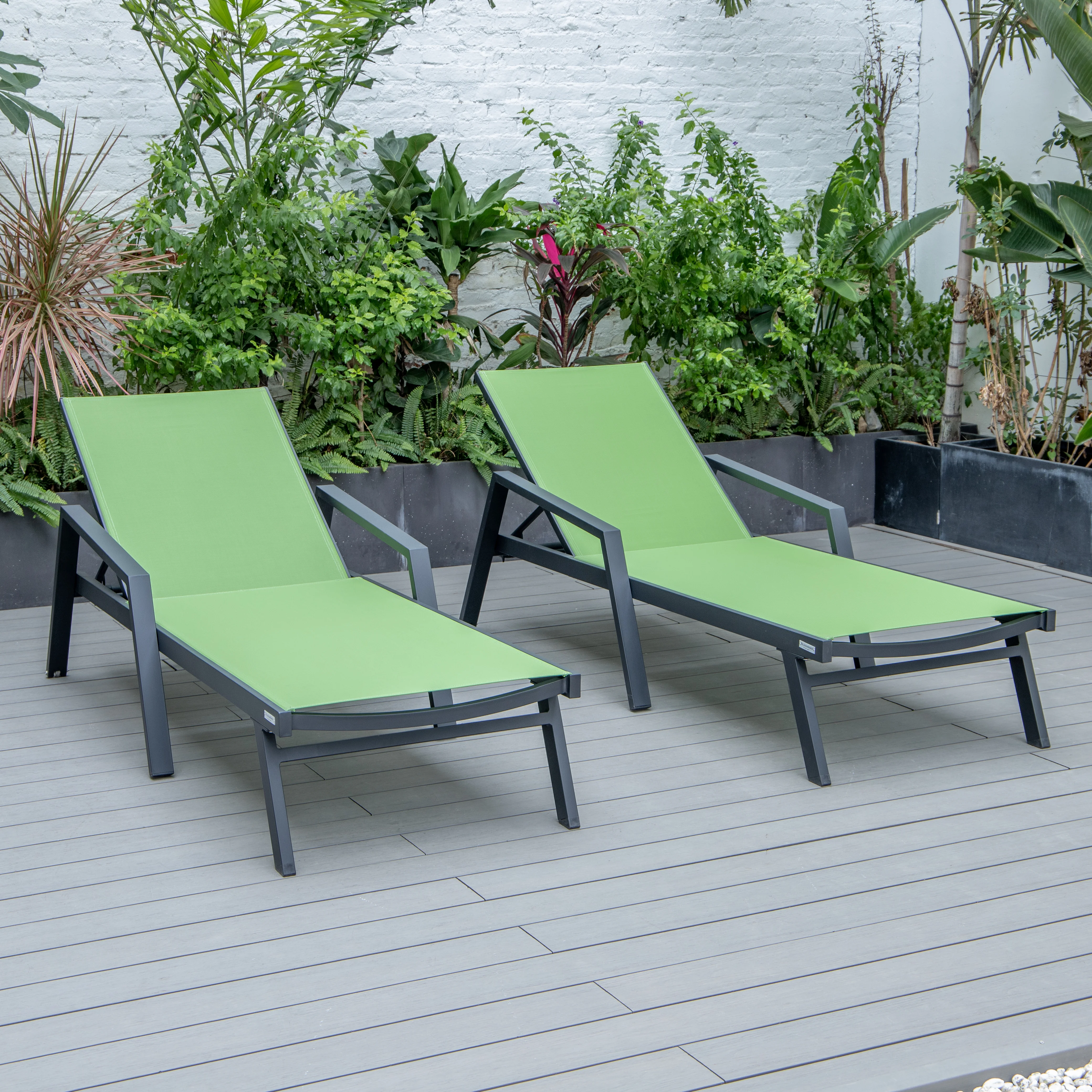 Marlin Patio Chaise Lounge Chair With Armrests in Black Aluminum Frame, Set of 2 in Green