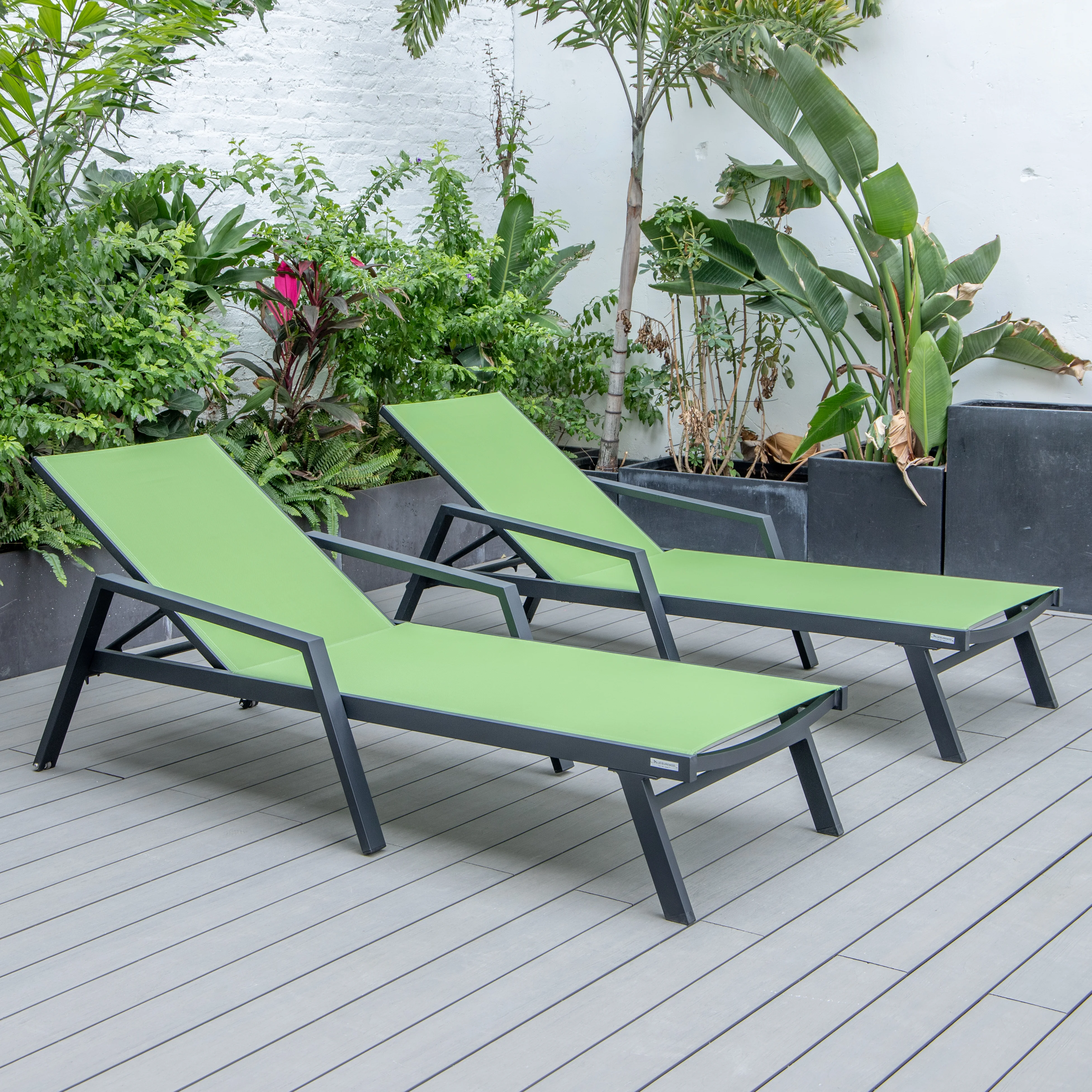 Marlin Patio Chaise Lounge Chair With Armrests in Black Aluminum Frame, Set of 2 in Green