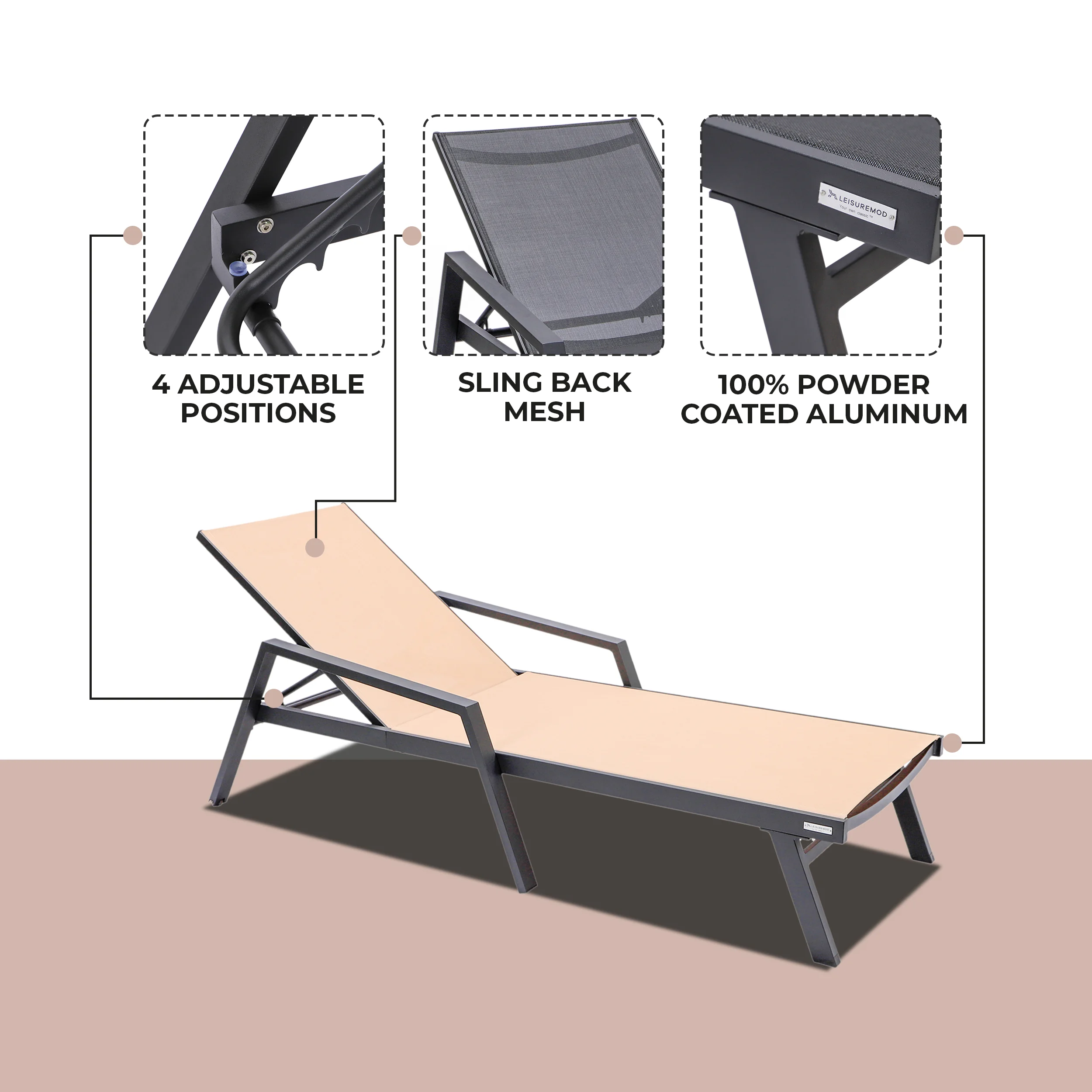 Marlin Patio Chaise Lounge Chair With Armrests in Black Aluminum Frame