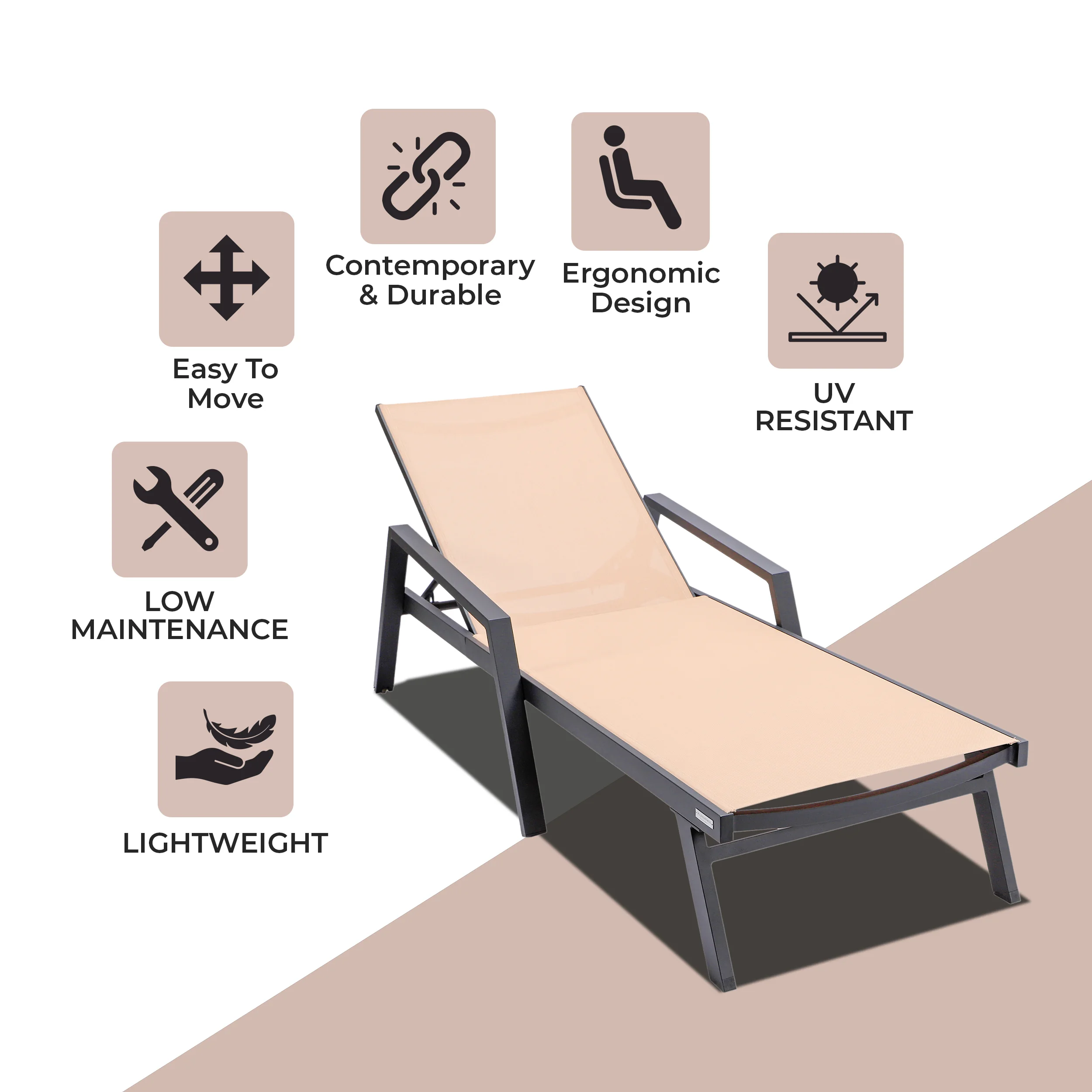 Marlin Patio Chaise Lounge Chair With Armrests in Black Aluminum Frame
