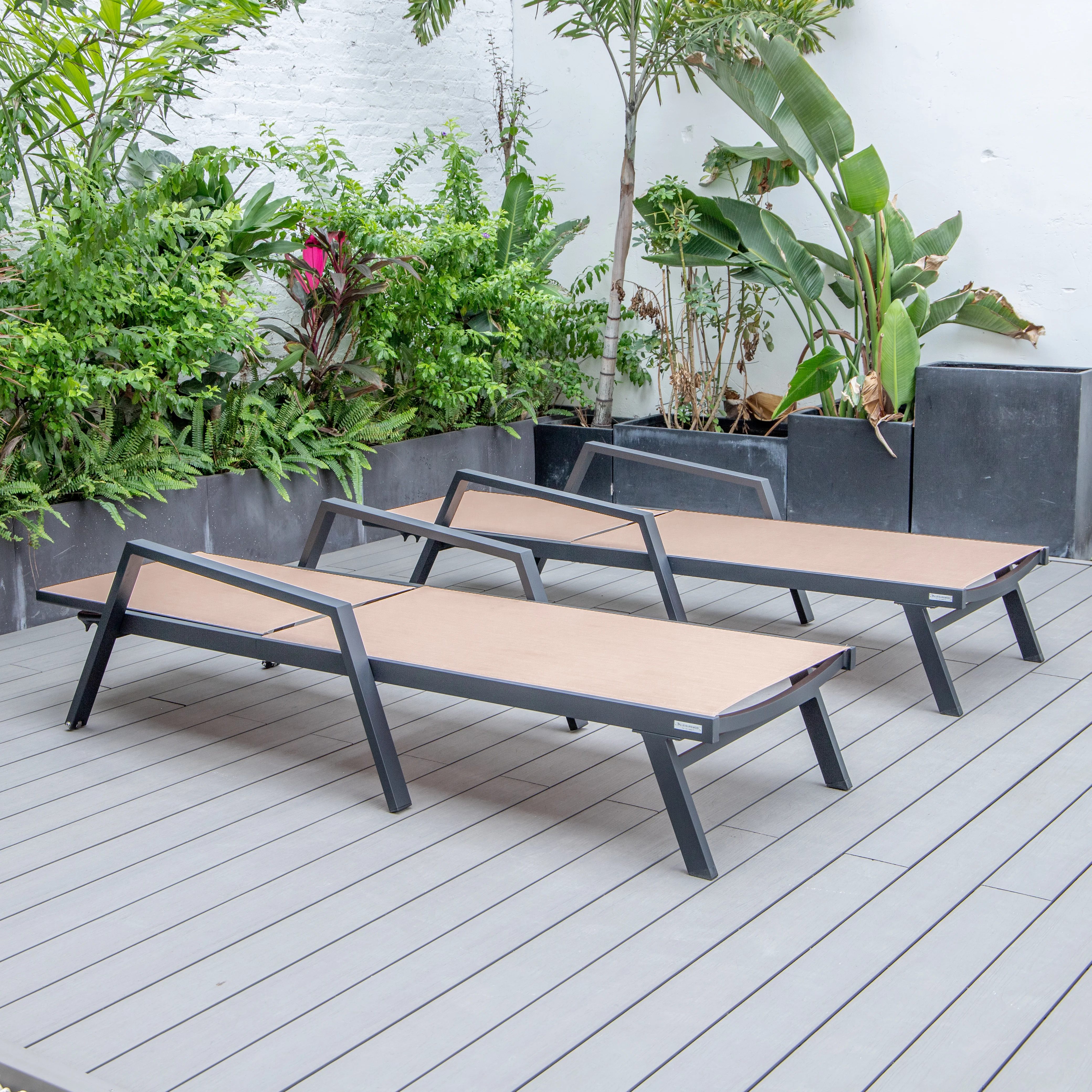 Marlin Patio Chaise Lounge Chair With Armrests in Black Aluminum Frame, Set of 2 in Light Brown