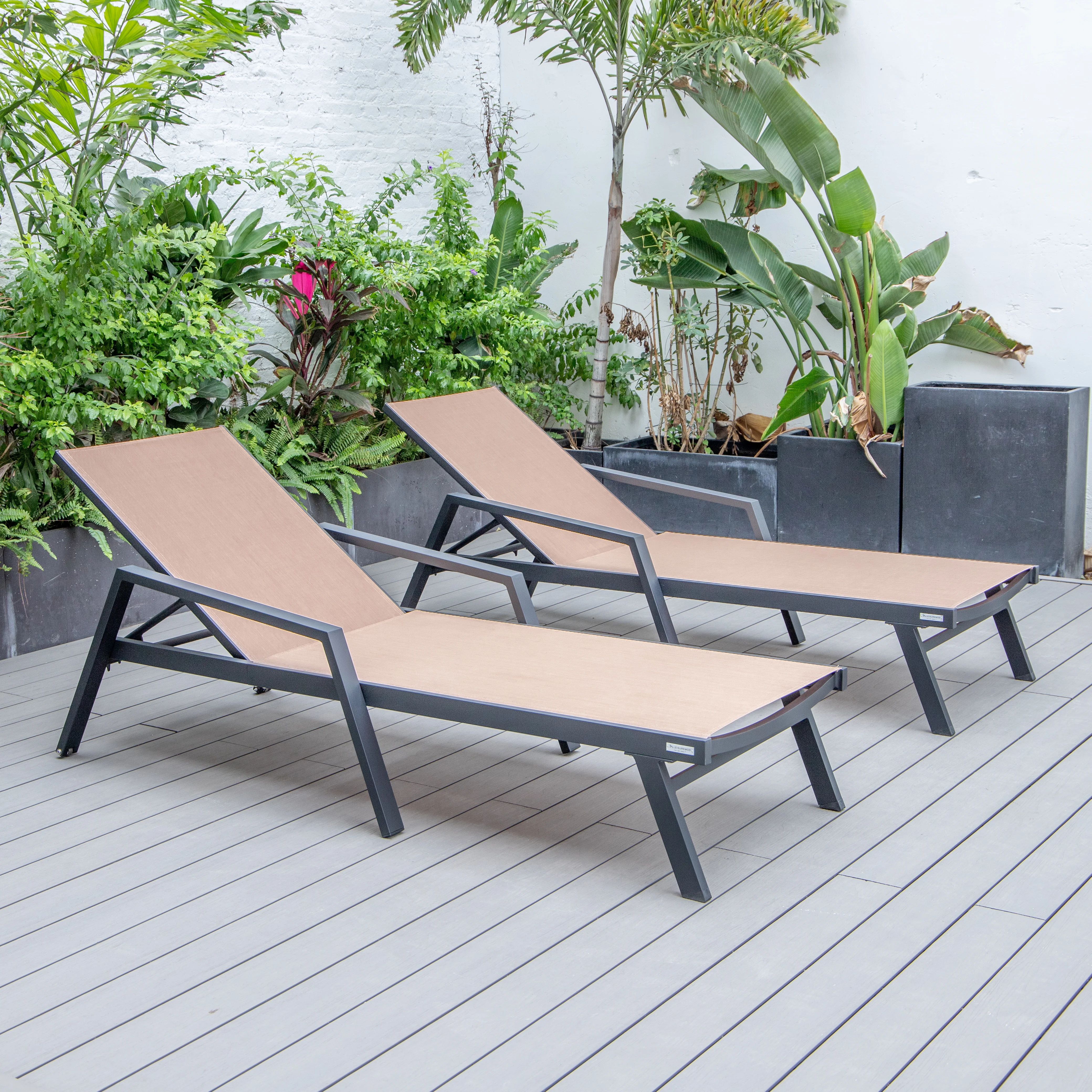 Marlin Patio Chaise Lounge Chair With Armrests in Black Aluminum Frame, Set of 2 in Light Brown