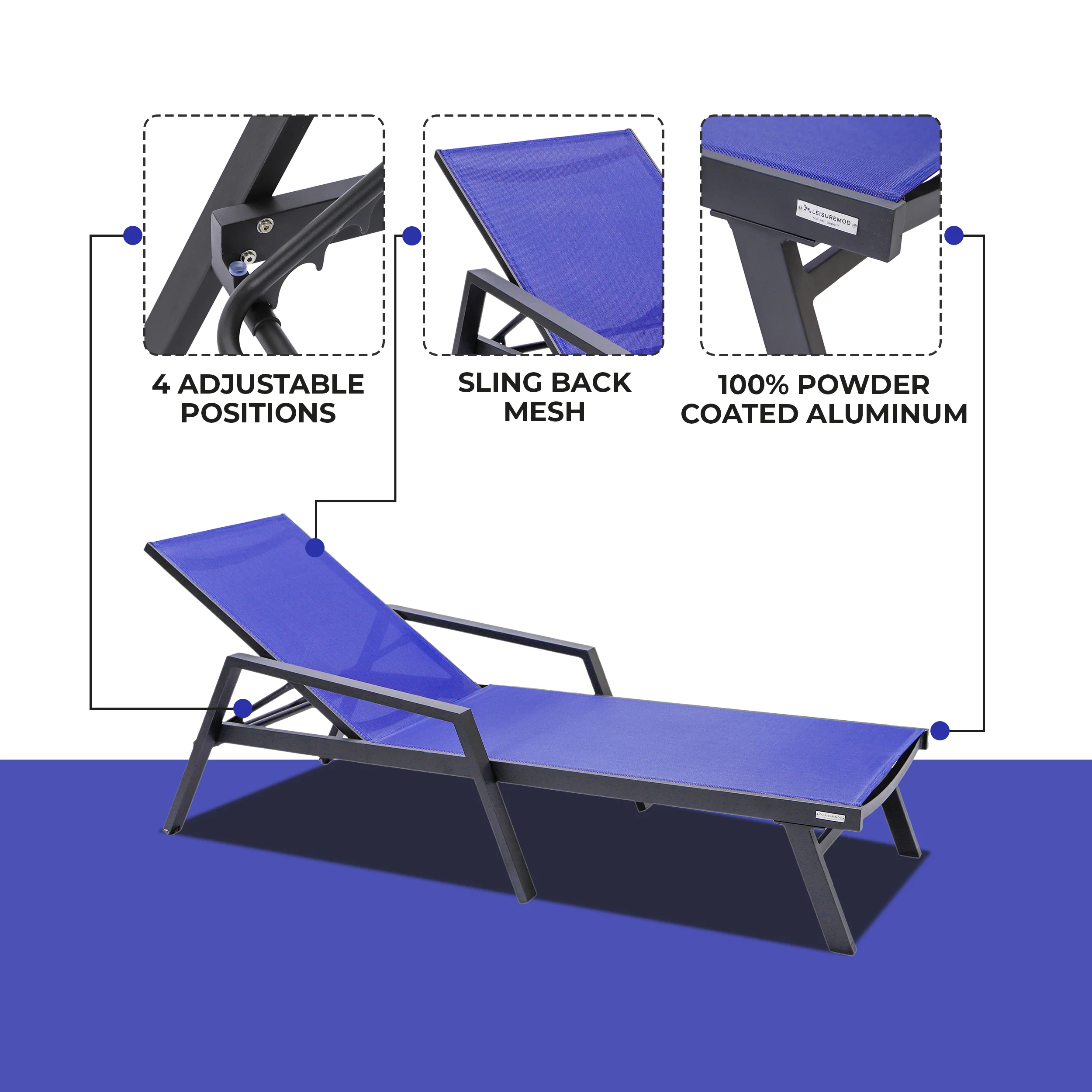 Marlin Patio Chaise Lounge Chair With Armrests in Black Aluminum Frame