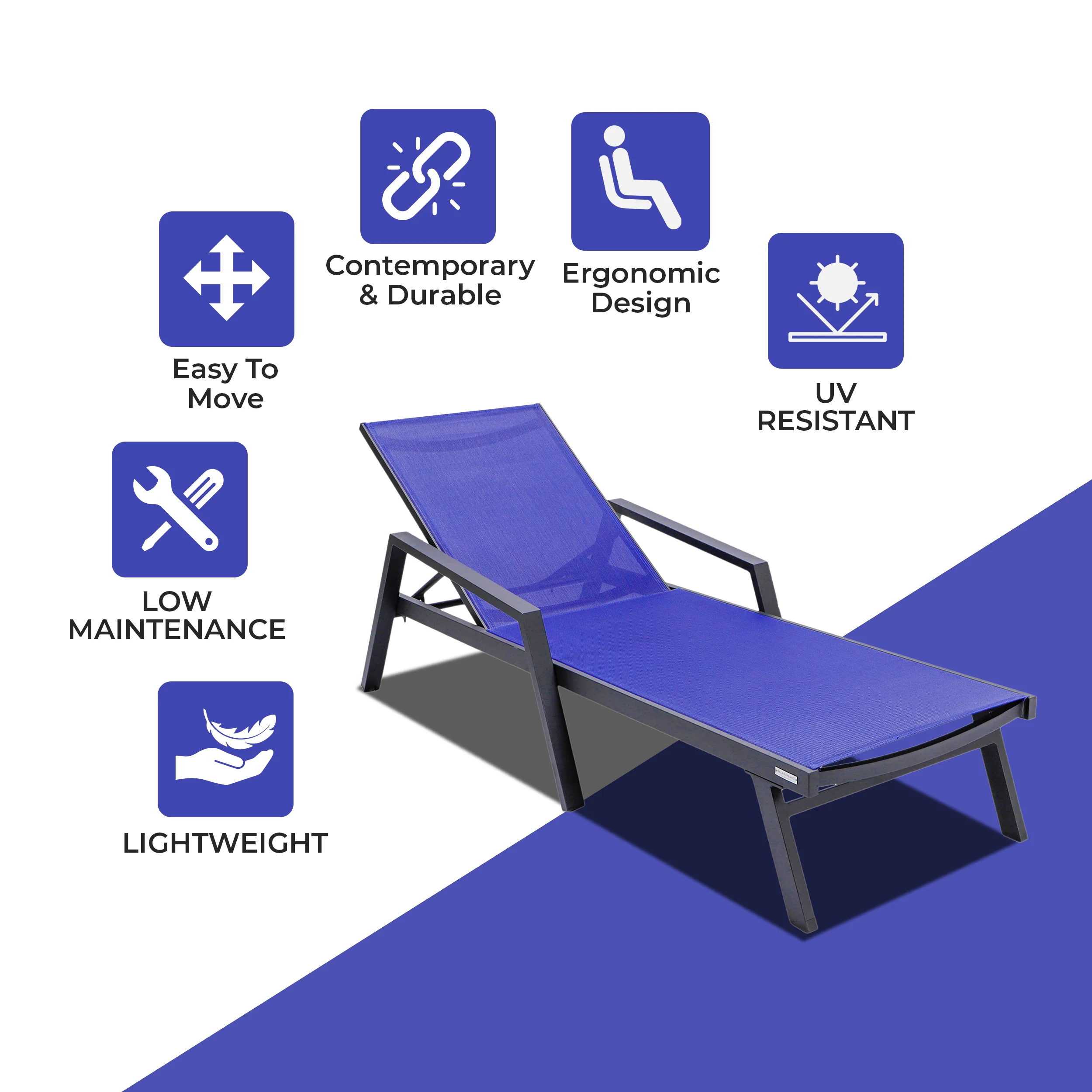 Marlin Patio Chaise Lounge Chair With Armrests in Black Aluminum Frame