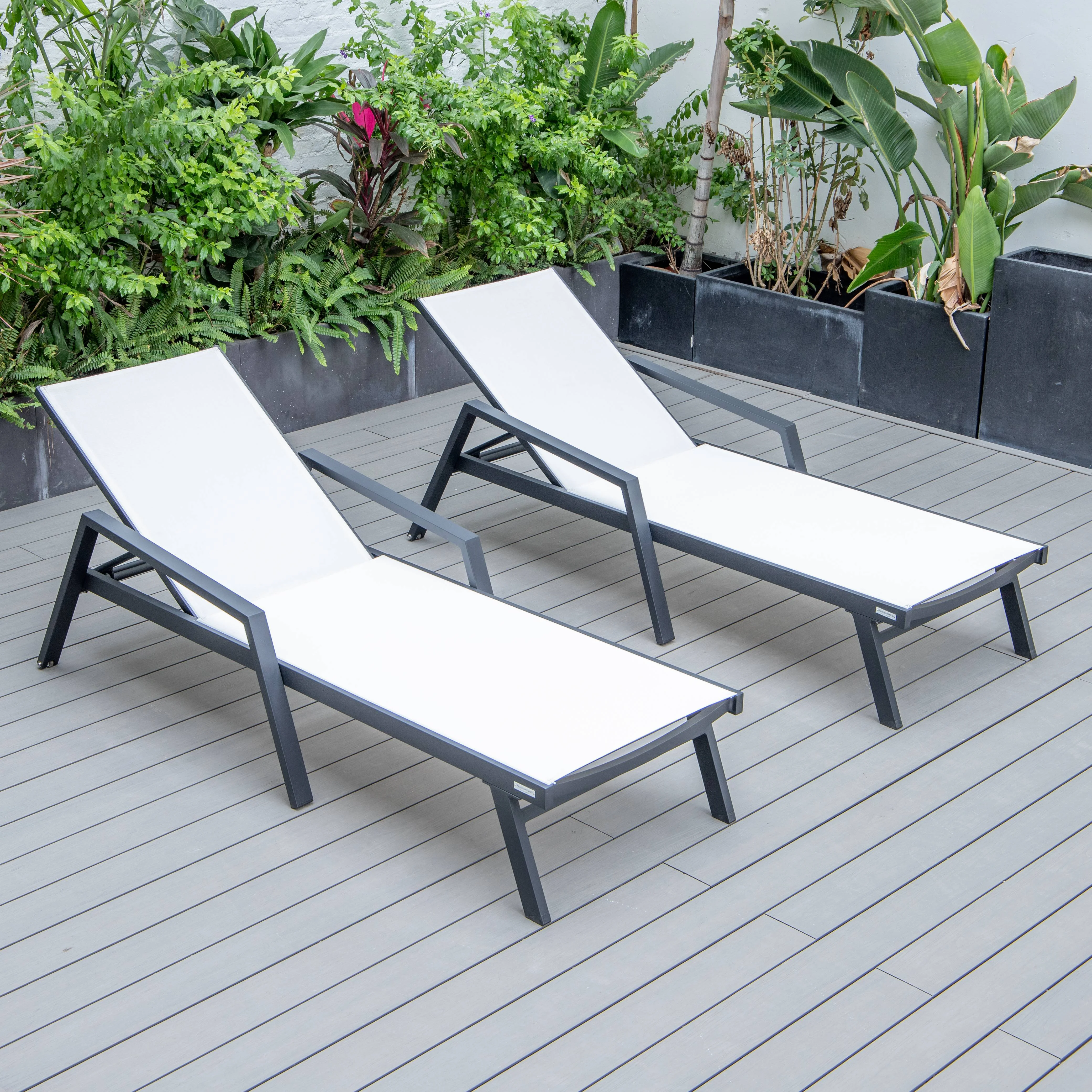 Marlin Patio Chaise Lounge Chair With Armrests in Black Aluminum Frame, Set of 2 in White