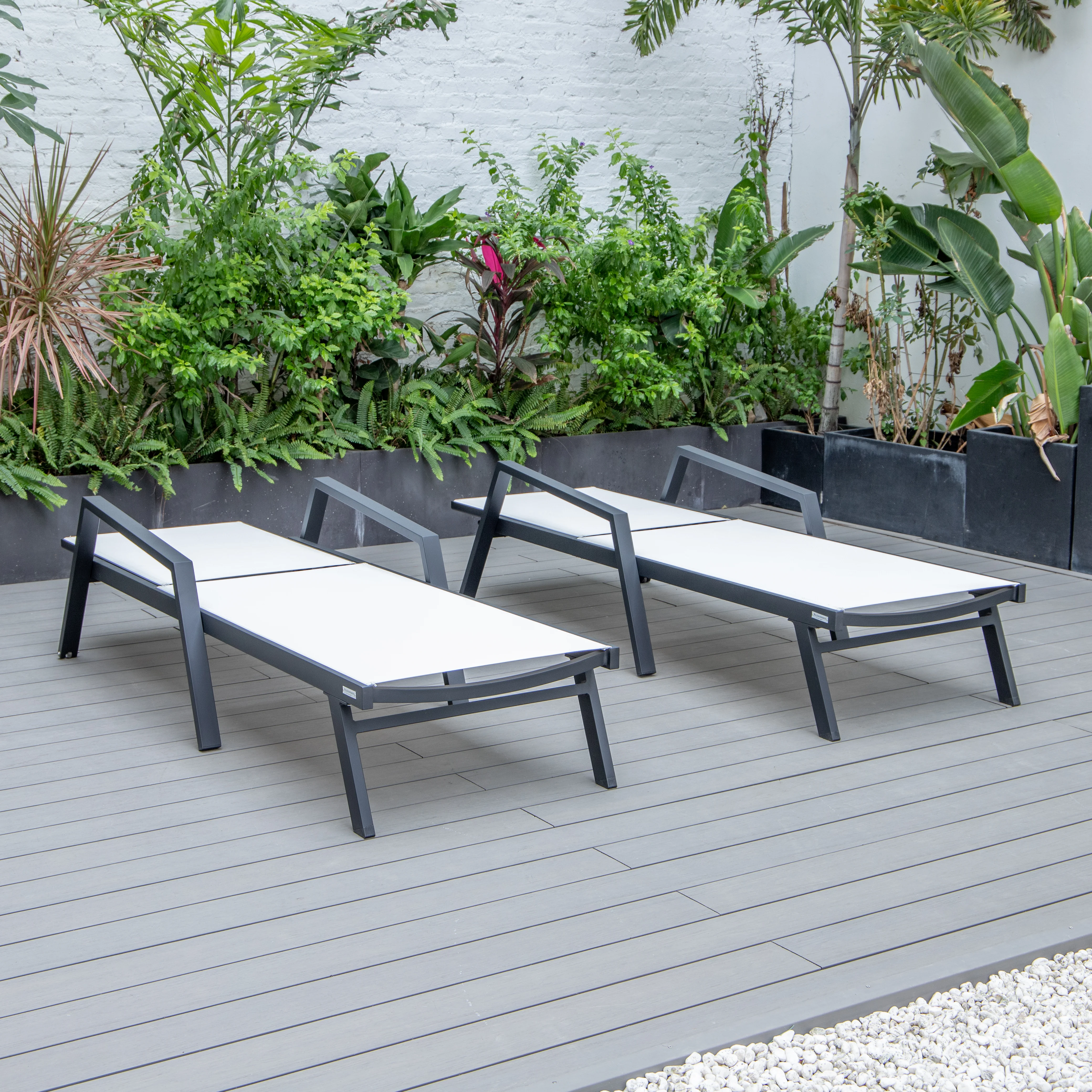 Marlin Patio Chaise Lounge Chair With Armrests in Black Aluminum Frame, Set of 2 in White