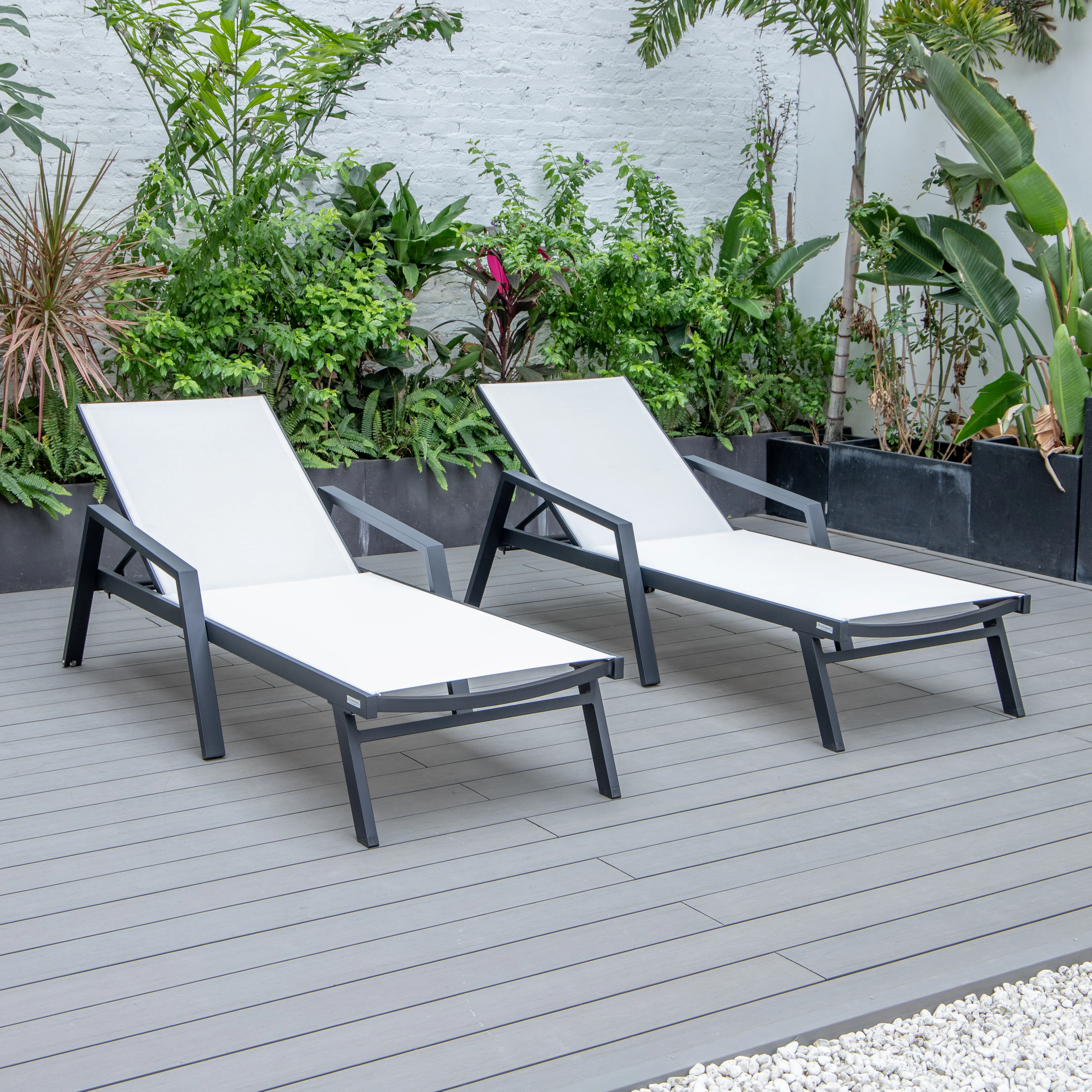 Marlin Patio Chaise Lounge Chair With Armrests in Black Aluminum Frame, Set of 2 in White