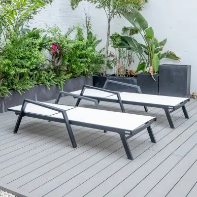 Marlin Patio Chaise Lounge Chair With Armrests in Black Aluminum Frame, Set of 2 in White