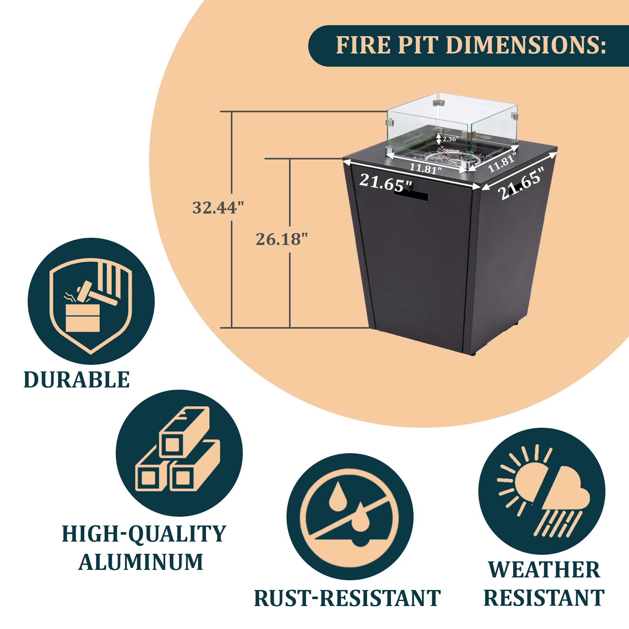 Marlin Modern Black Aluminum Outdoor Patio Chaise Lounge Chair With Arms and Square Fire Pit Side Table Perfect for Patio, Lawn, and Garden