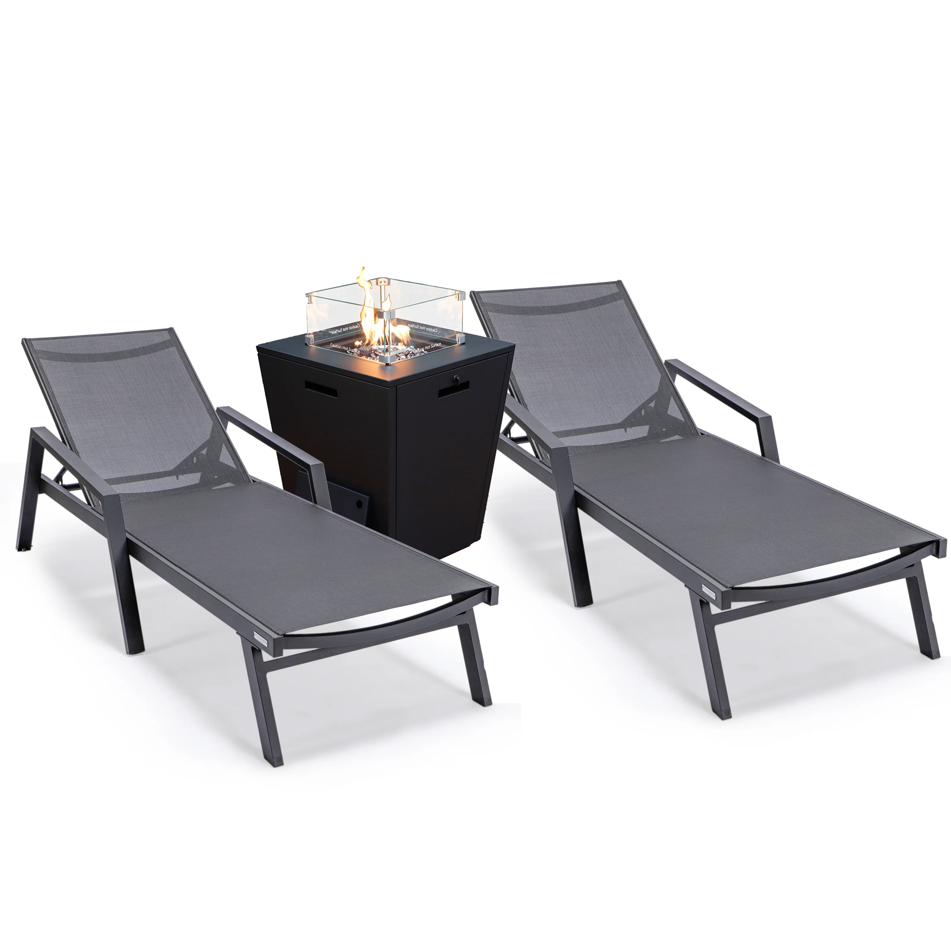 Marlin Modern Aluminum Outdoor Patio Chaise Lounge Chair With Arms Set of 2 with Square Fire Pit Side Table Perfect for Patio, Lawn, and Garden
