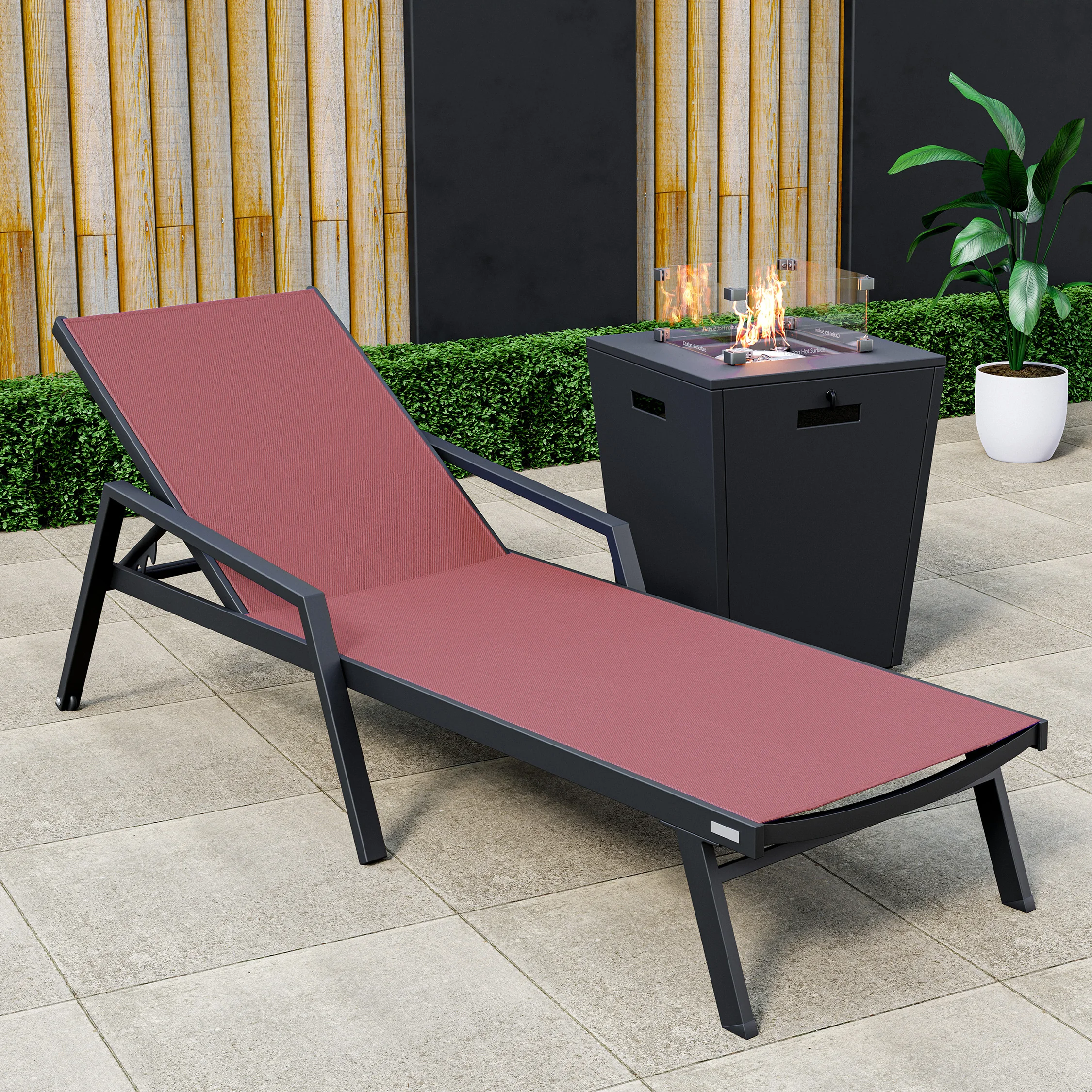 Marlin Modern Black Aluminum Outdoor Patio Chaise Lounge Chair With Arms and Square Fire Pit Side Table Perfect for Patio, Lawn, and Garden
