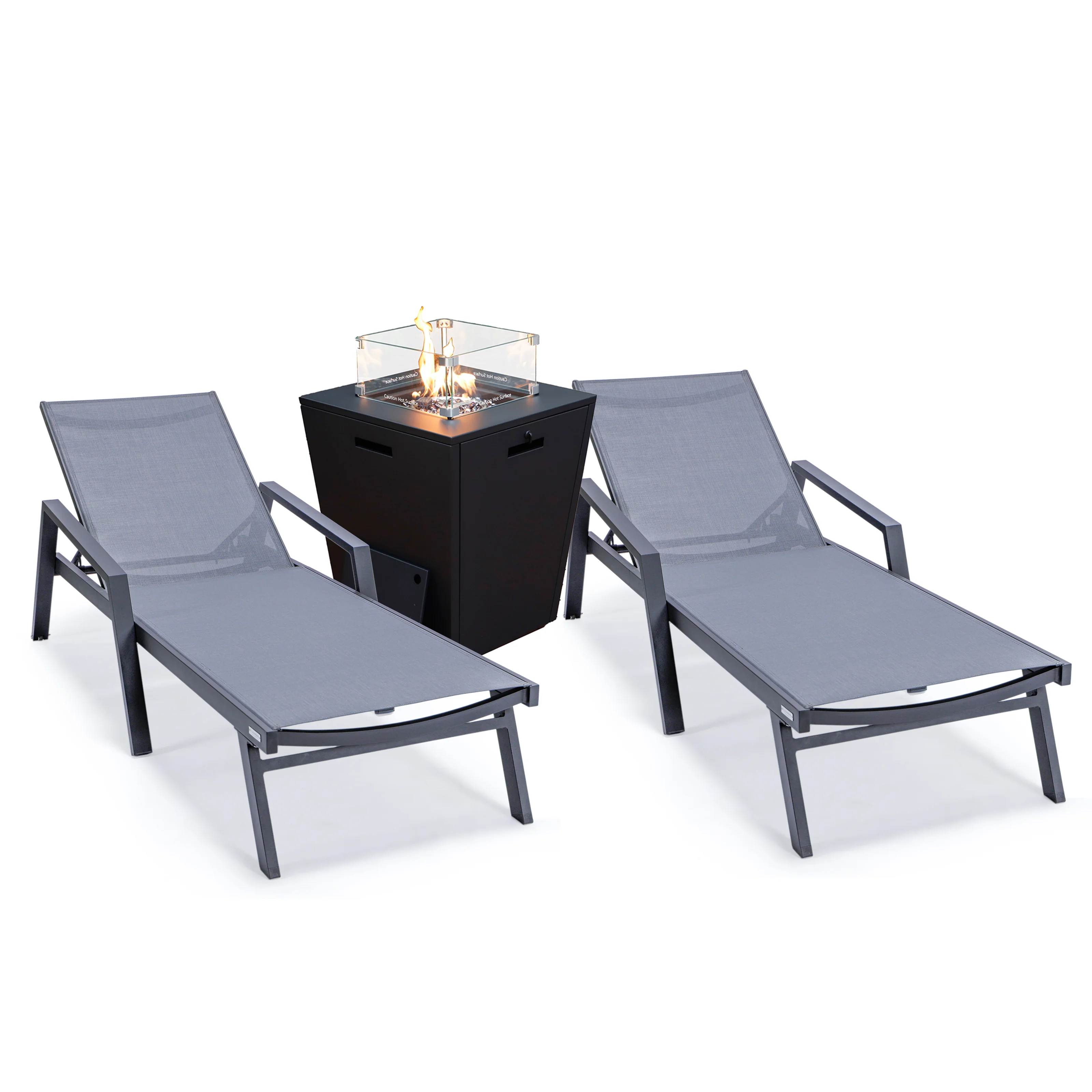 Marlin Modern Aluminum Outdoor Patio Chaise Lounge Chair With Arms Set of 2 with Square Fire Pit Side Table Perfect for Patio, Lawn, and Garden