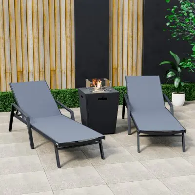 Marlin Modern Aluminum Outdoor Patio Chaise Lounge Chair With Arms Set of 2 with Square Fire Pit Side Table Perfect for Patio, Lawn, and Garden