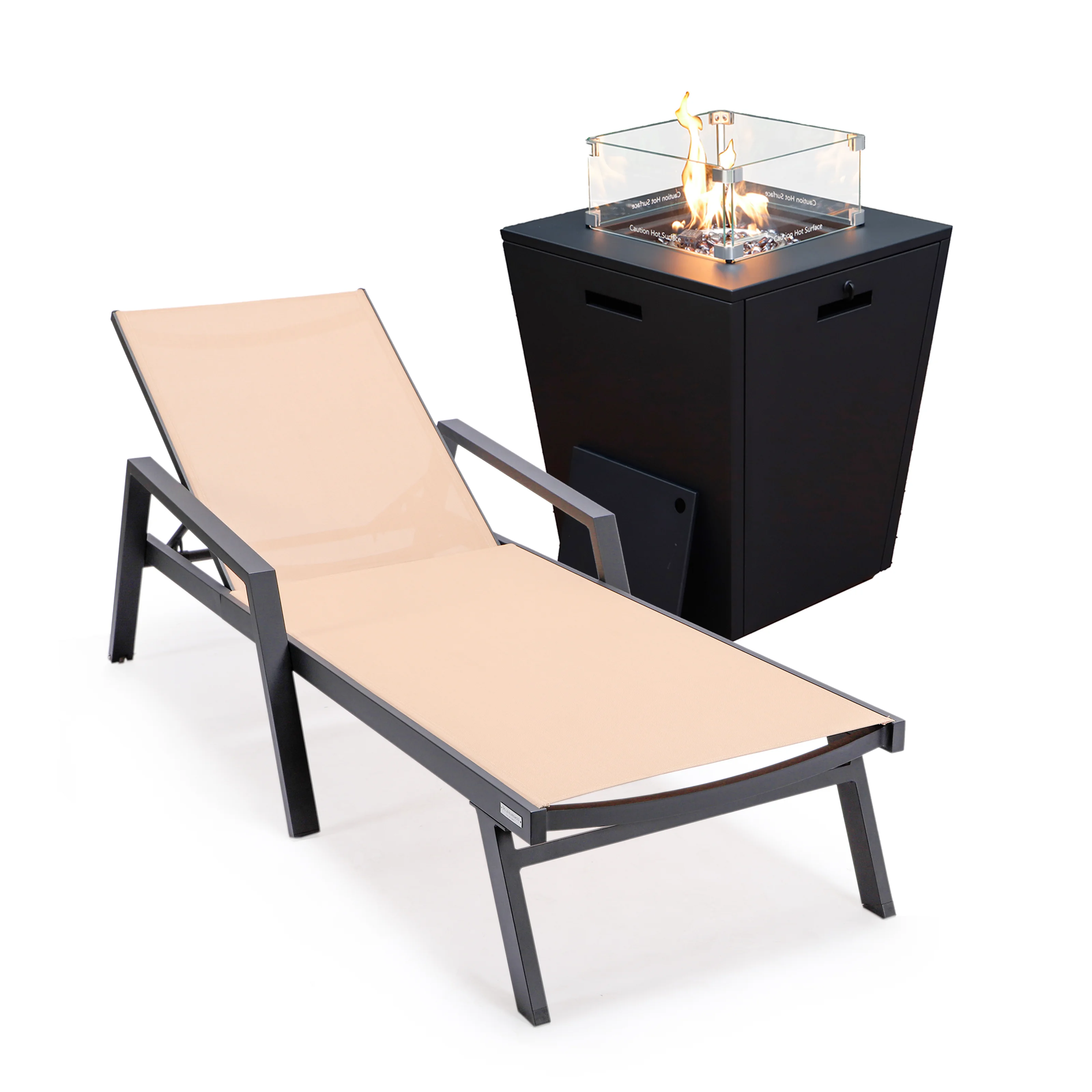 Marlin Modern Black Aluminum Outdoor Patio Chaise Lounge Chair With Arms and Square Fire Pit Side Table Perfect for Patio, Lawn, and Garden