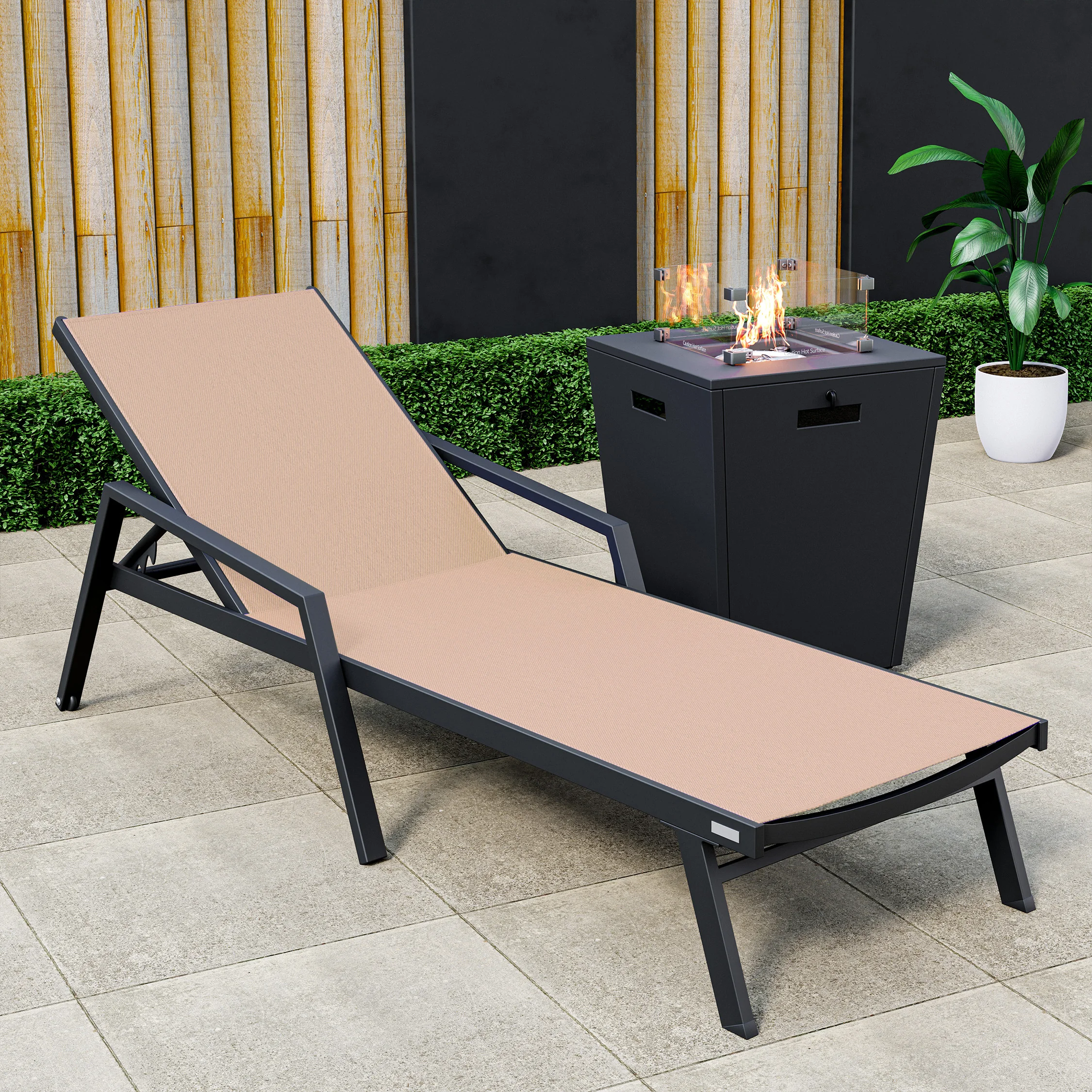 Marlin Modern Black Aluminum Outdoor Patio Chaise Lounge Chair With Arms and Square Fire Pit Side Table Perfect for Patio, Lawn, and Garden
