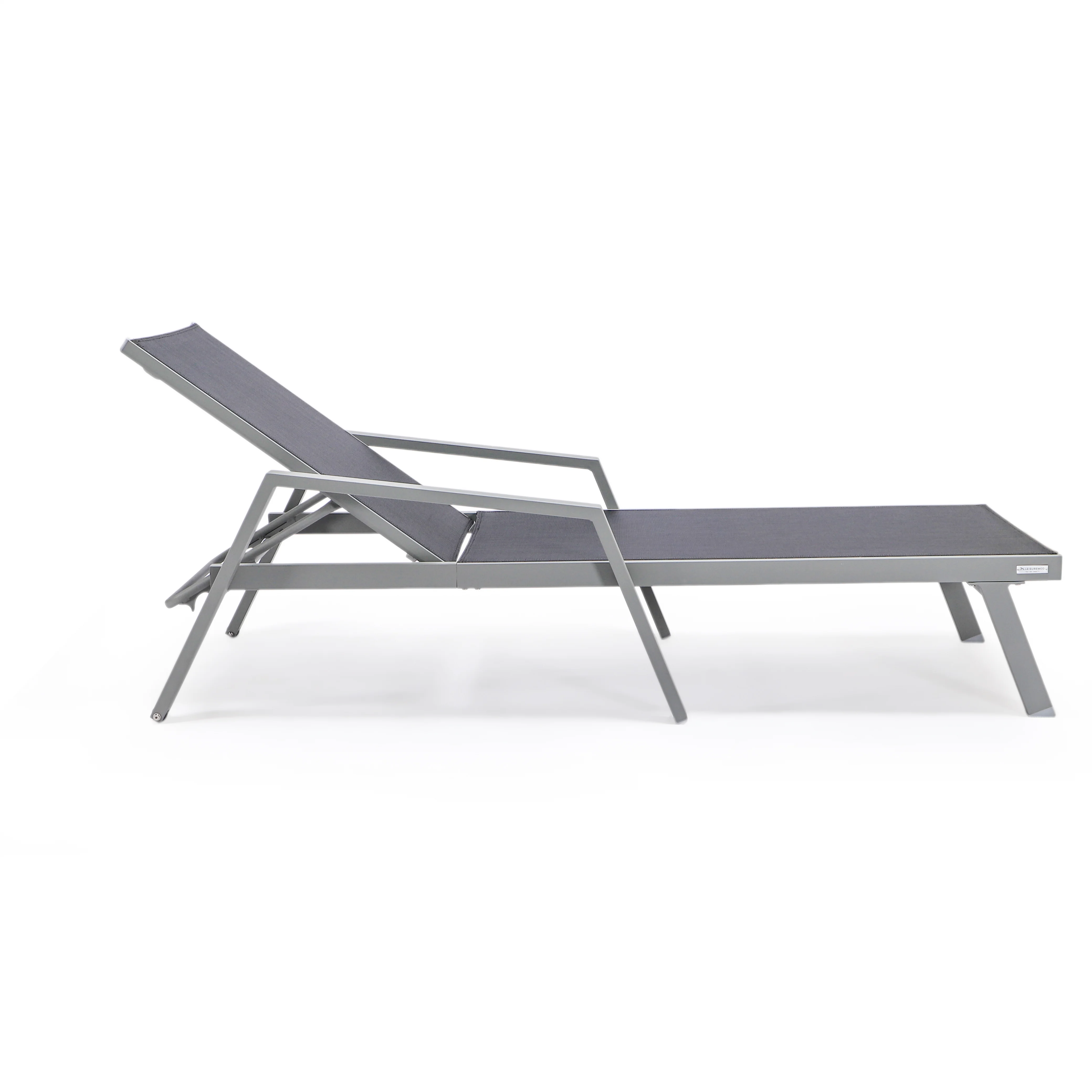 Marlin Patio Chaise Lounge Chair With Armrests in Grey Aluminum Frame, Set of 2 in Black